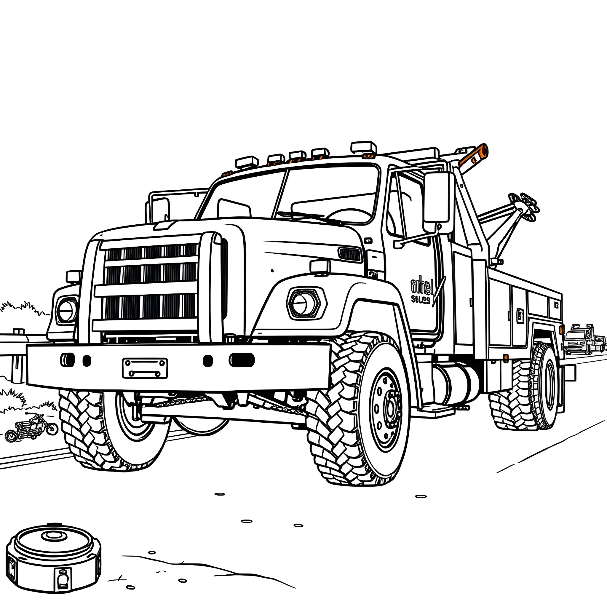 Wrecker Truck Towing Vehicle on Rugged Terrain Coloring Page (free black-and-white line drawing printable PDF for all, from beginners to advanced learners, including children, teens, adults, and seniors)