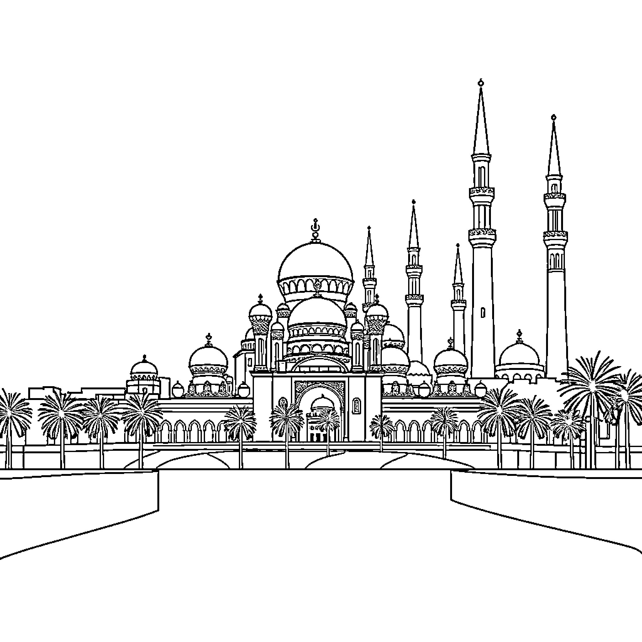 City of Ornate Domes and Minarets Coloring Page (free black-and-white line drawing printable PDF for all, from beginners to advanced learners, including children, teens, adults, and seniors)
