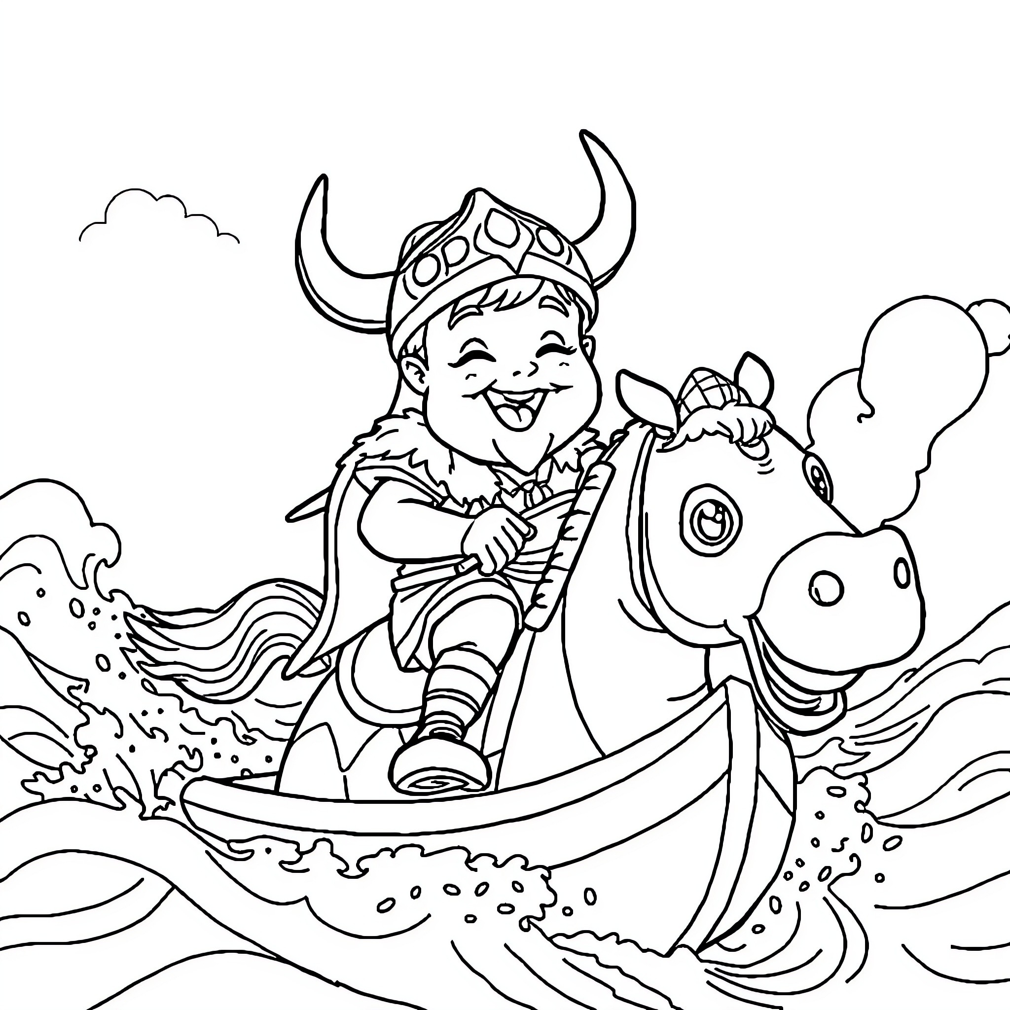 Viking Child Riding a Fantastic Sea Beast Coloring Page (free black-and-white line drawing printable PDF for all, from beginners to advanced learners, including children, teens, adults, and seniors)