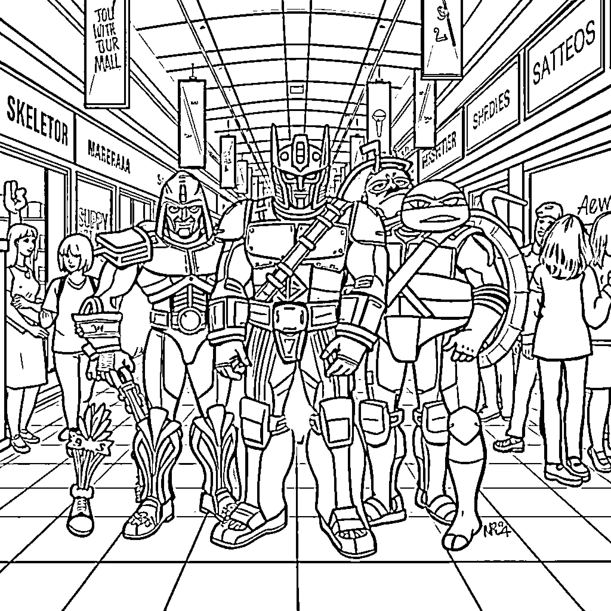 Villain Robots Causing Chaos in a Marketplace Coloring Page (free black-and-white line drawing printable PDF for all, from beginners to advanced learners, including children, teens, adults, and seniors)