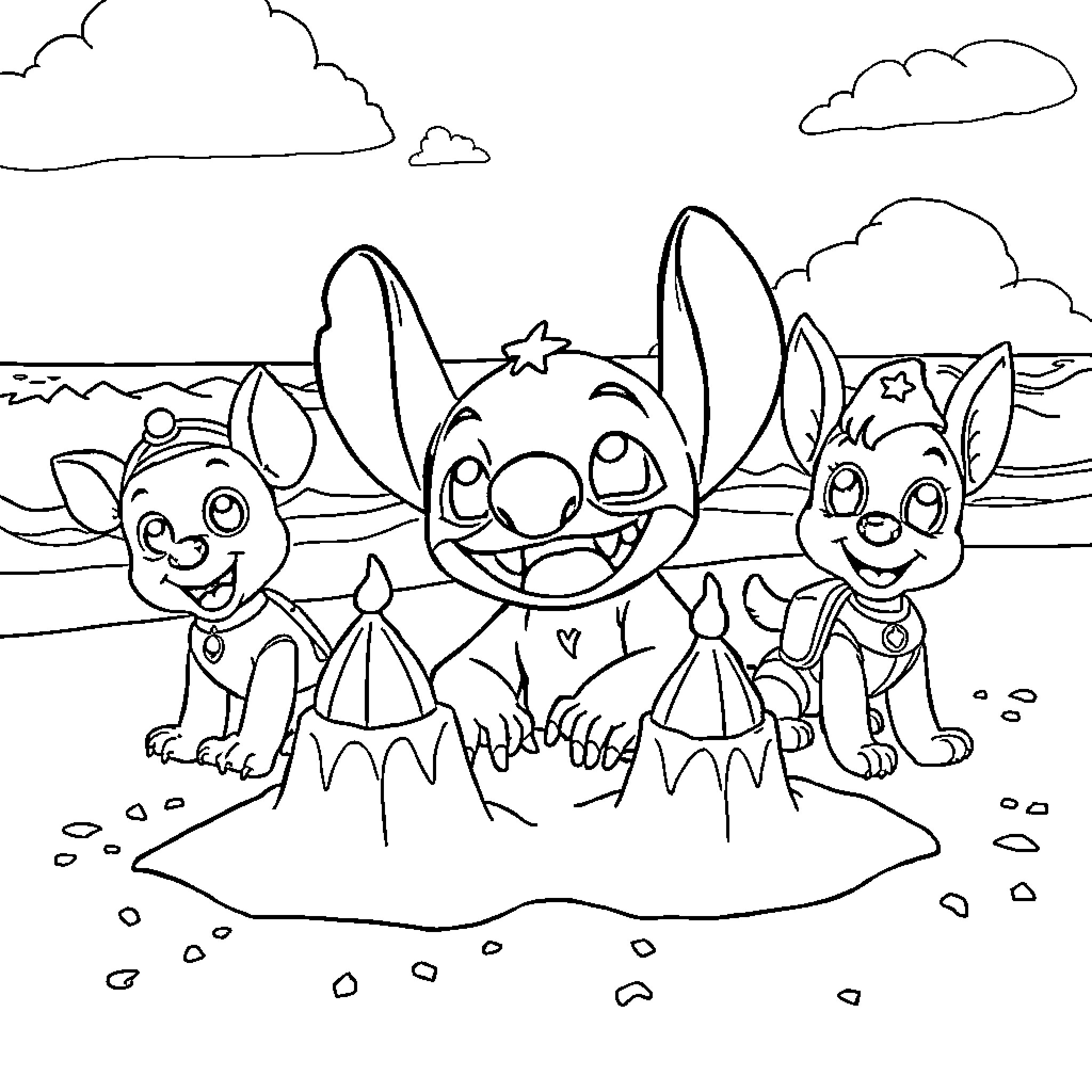 Stitch and friends playing together on the beach Coloring Page (free black-and-white line drawing printable PDF for all, from beginners to advanced learners, including children, teens, adults, and seniors)