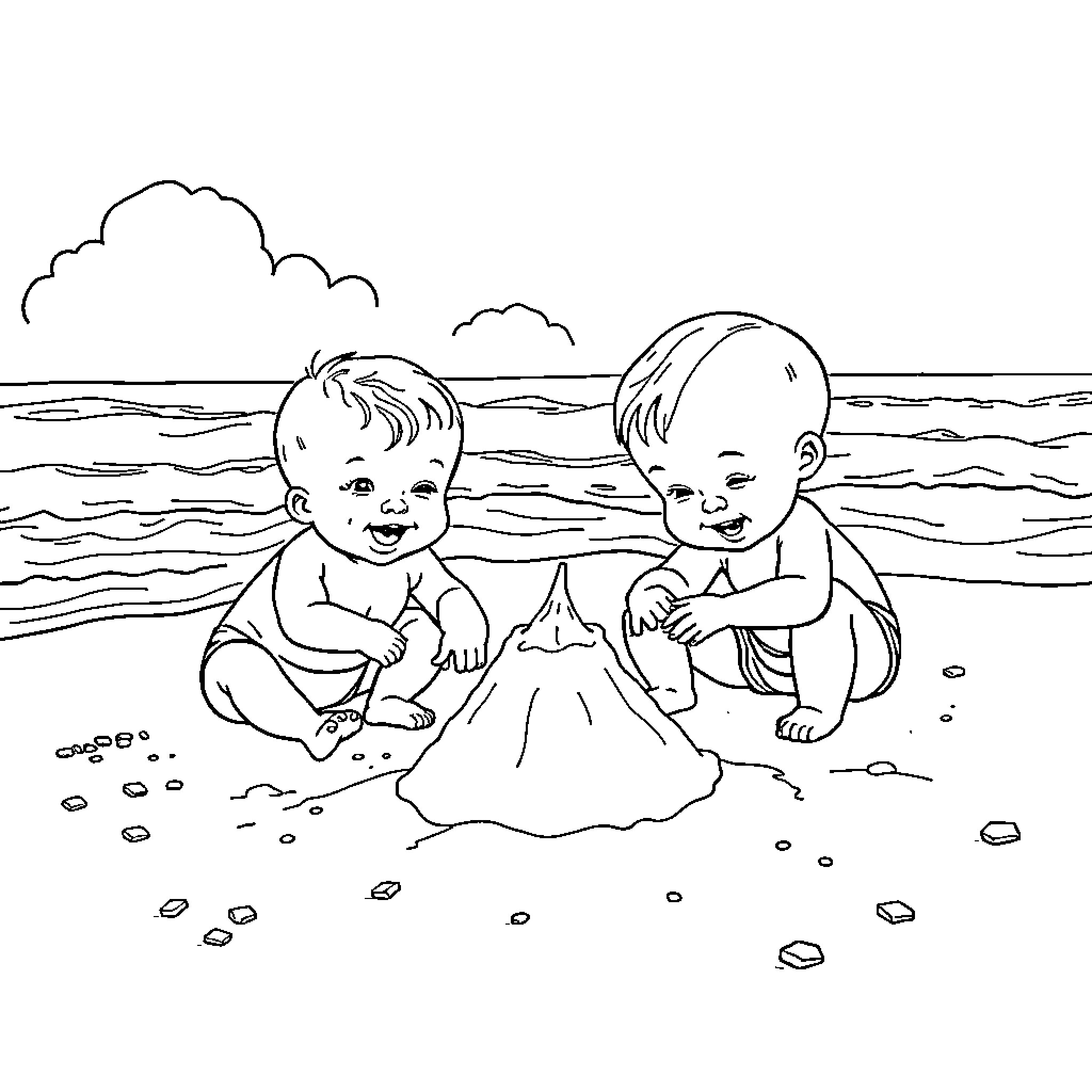 Baby playing in the sand and surf Coloring Page (free black-and-white line drawing printable PDF for all, from beginners to advanced learners, including children, teens, adults, and seniors)