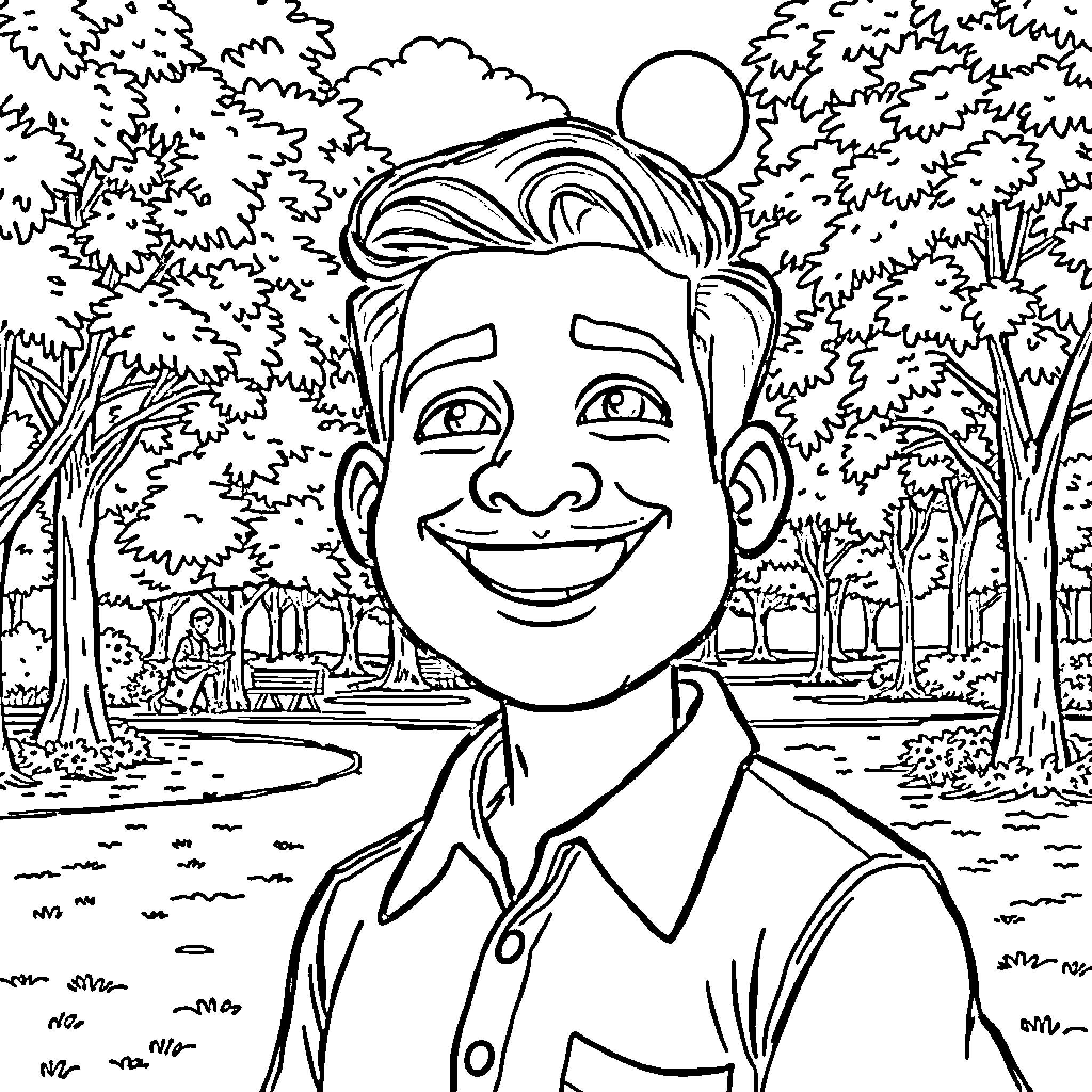 Nilesh's Joyful Outing in the Park Coloring Page (free black-and-white line drawing printable PDF for all, from beginners to advanced learners, including children, teens, adults, and seniors)