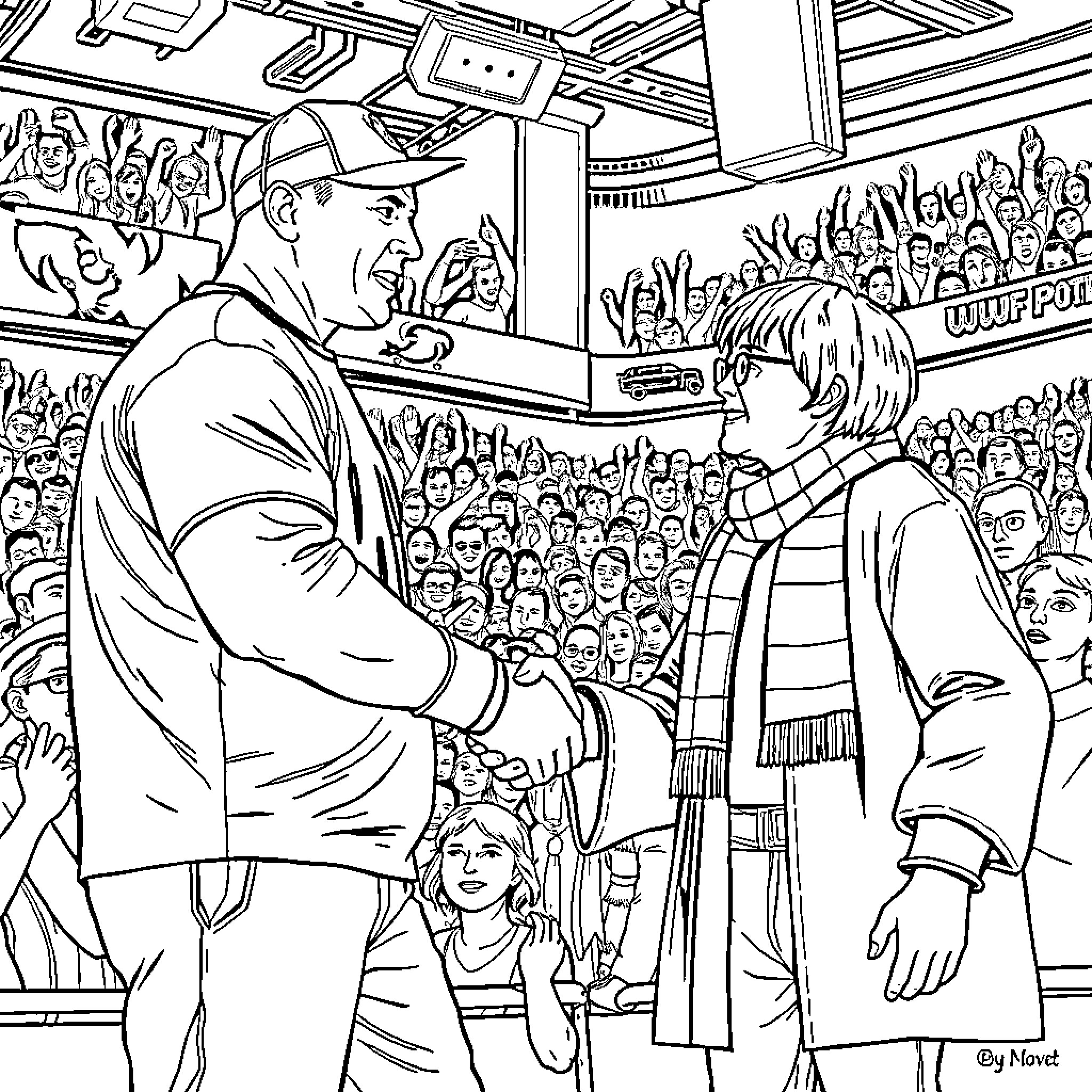 John Cena shaking hands with fans in a packed arena Coloring Page (free black-and-white line drawing printable PDF for all, from beginners to advanced learners, including children, teens, adults, and seniors)