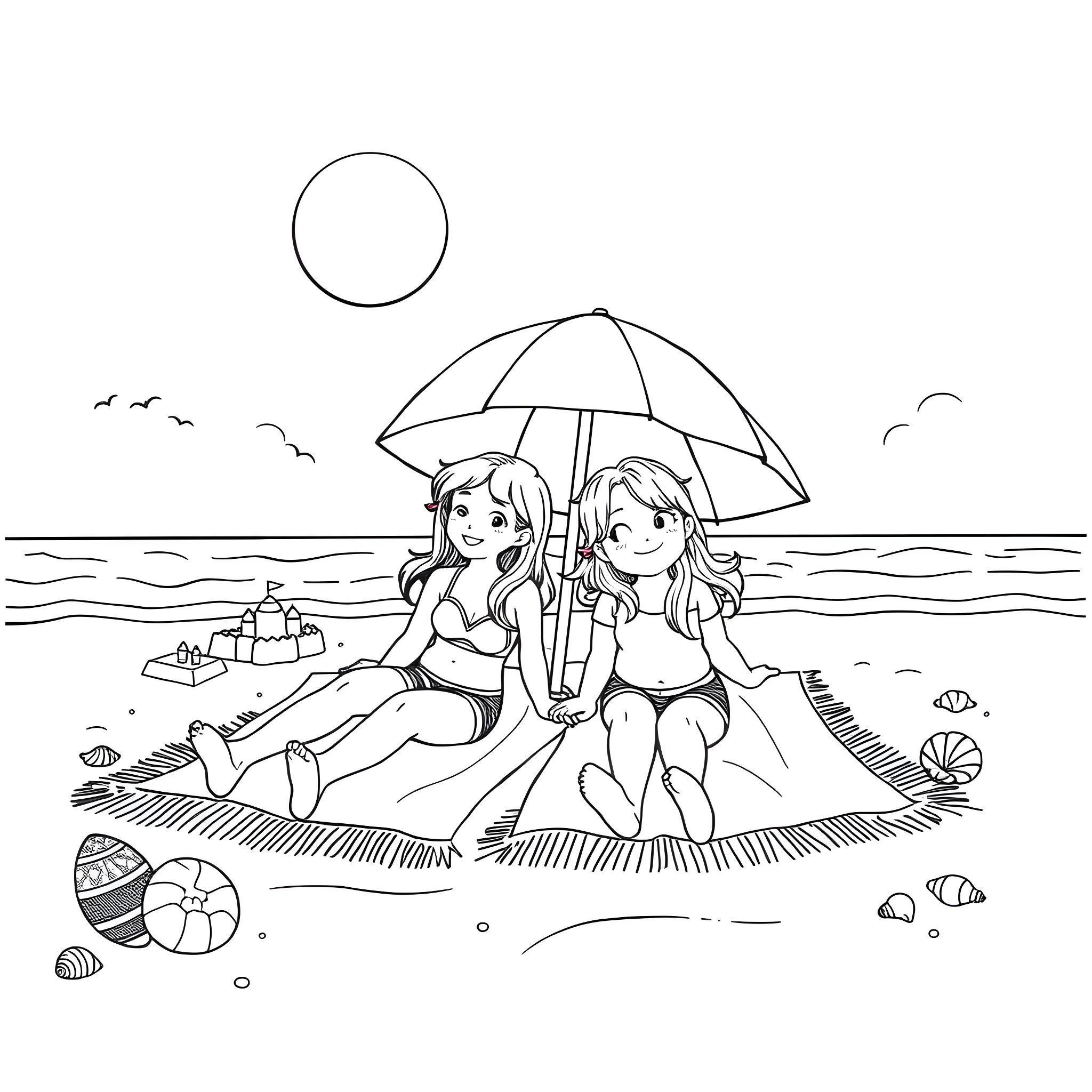 Girls relaxing on the beach under an umbrella Coloring Page (free black-and-white line drawing printable PDF for all, from beginners to advanced learners, including children, teens, adults, and seniors)