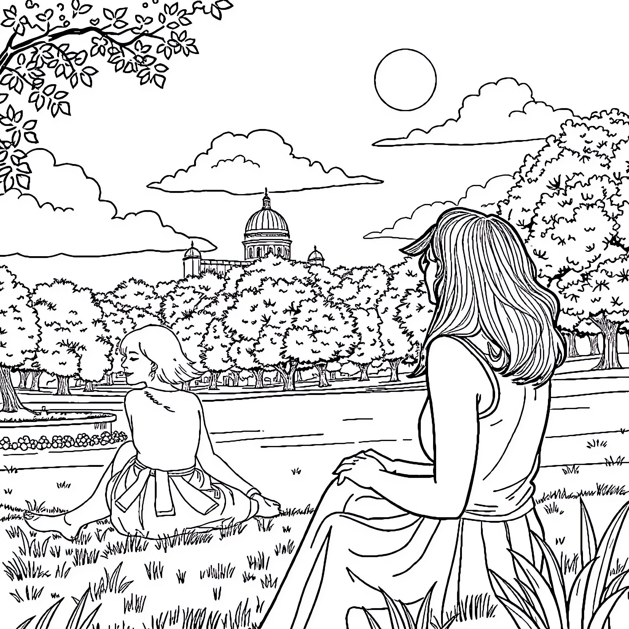 Woman enjoying tranquil garden landscape with landmark Coloring Page (free black-and-white line drawing printable PDF for all, from beginners to advanced learners, including children, teens, adults, and seniors)