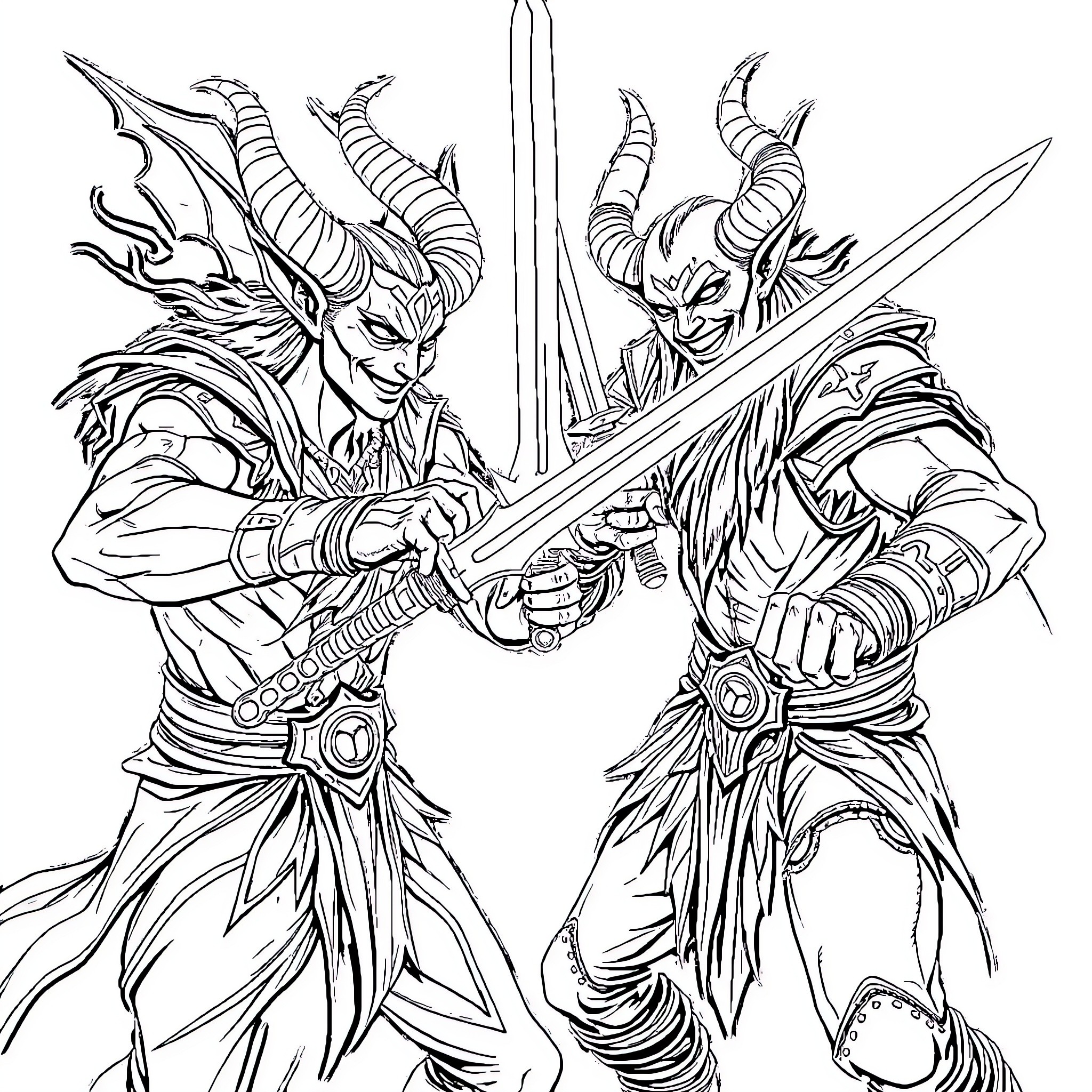 Fae Warriors Clashing with Swords in Fierce Battle Coloring Page (free black-and-white line drawing printable PDF for all, from beginners to advanced learners, including children, teens, adults, and seniors)