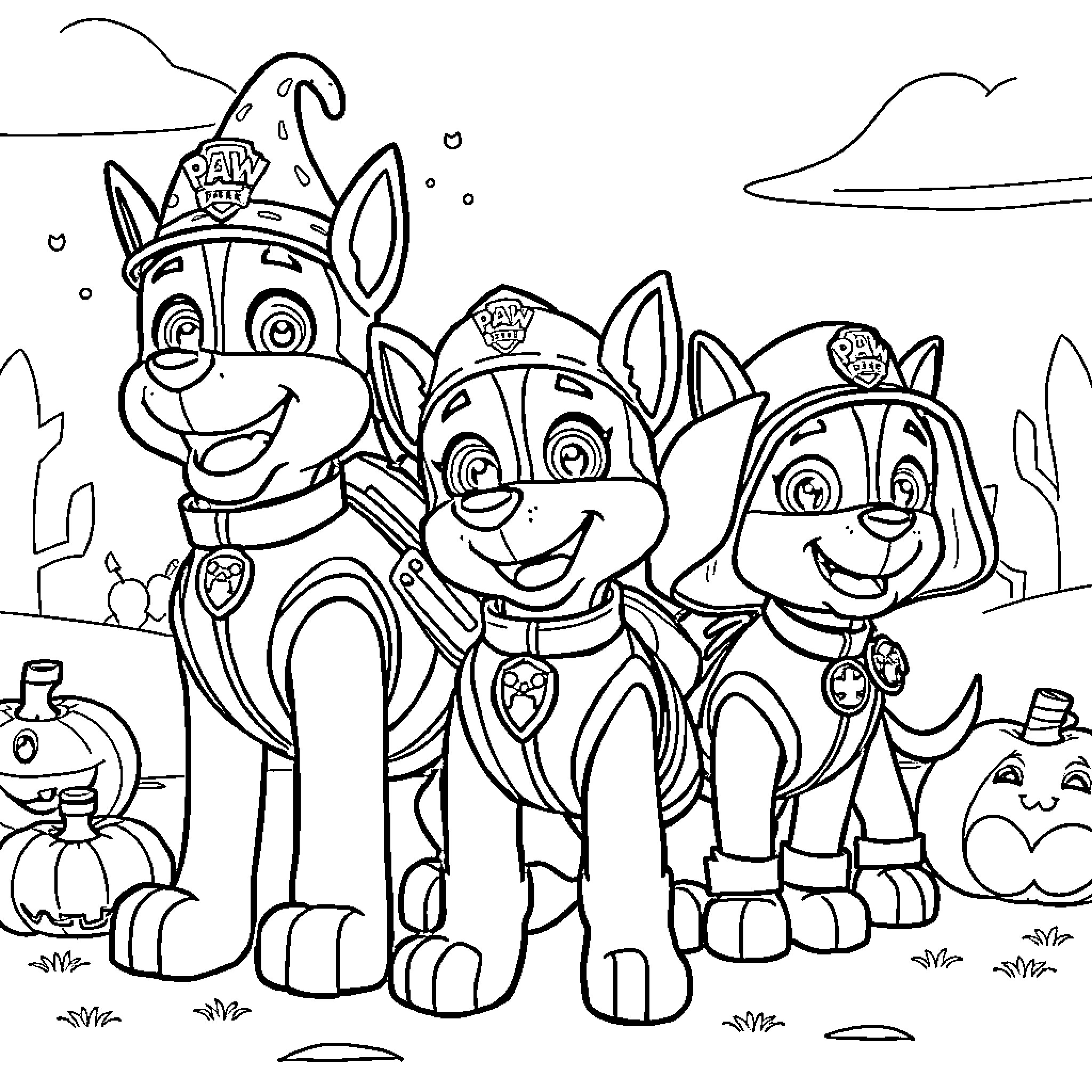 Paw Patrol pups on an adventure Coloring Page (free black-and-white line drawing printable PDF for all, from beginners to advanced learners, including children, teens, adults, and seniors)