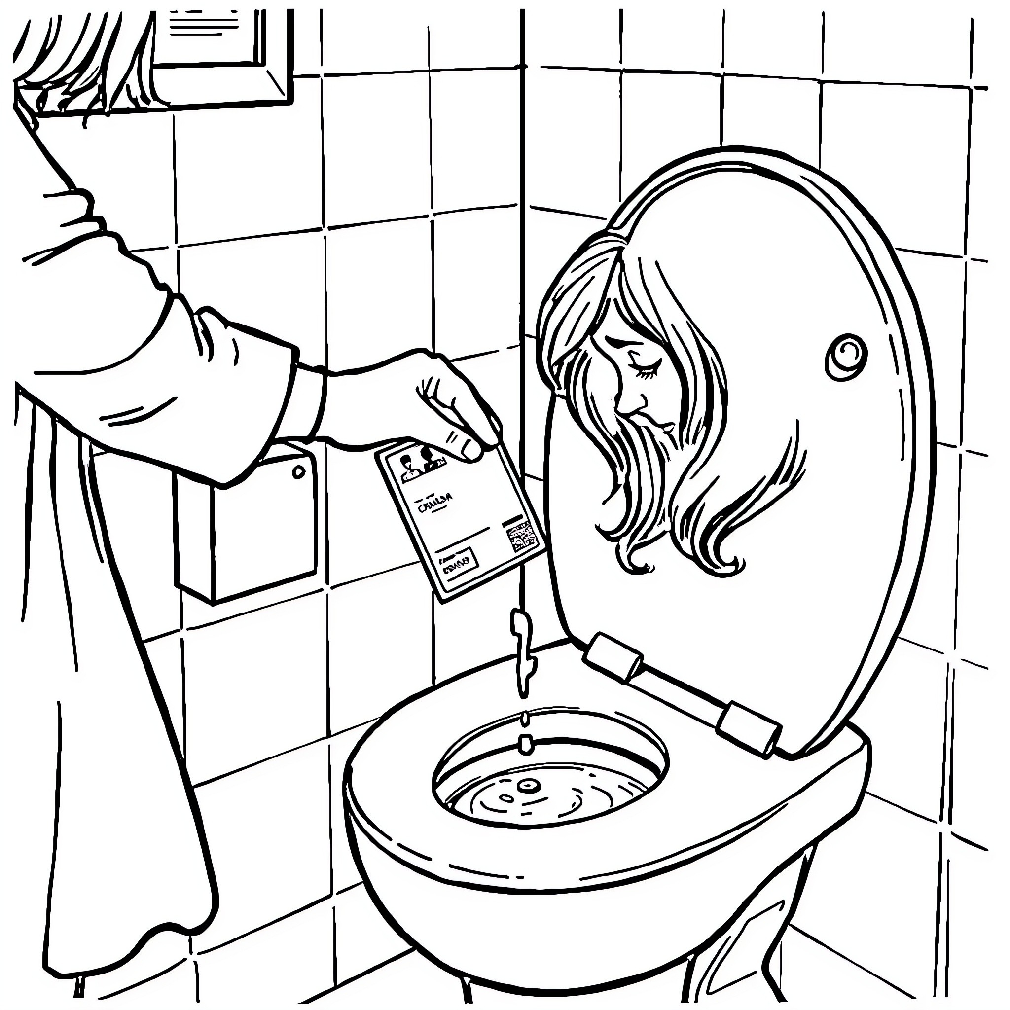 Woman examining mirror in bathroom Coloring Page (free black-and-white line drawing printable PDF for all, from beginners to advanced learners, including children, teens, adults, and seniors)