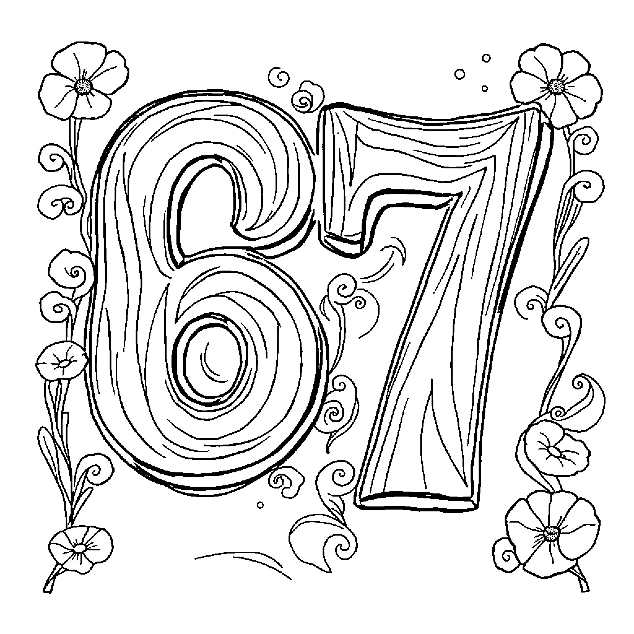 67 Whimsical Floral Number Design Coloring Page (free black-and-white line drawing printable PDF for all, from beginners to advanced learners, including children, teens, adults, and seniors)