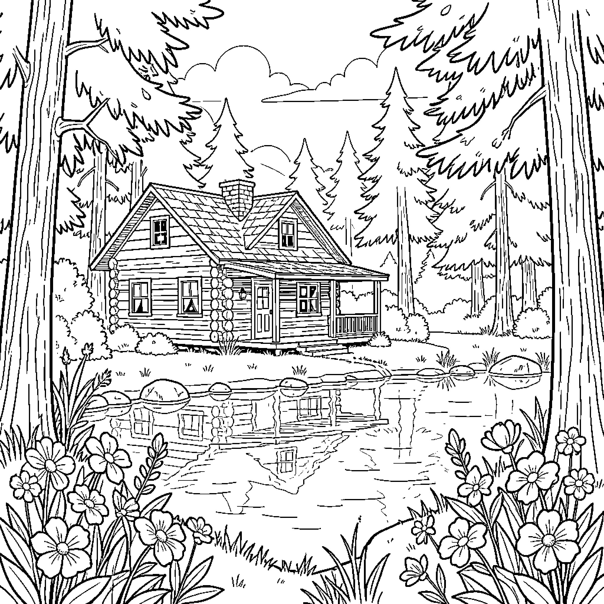 Log Cabin nestled beside a peaceful forest pond Coloring Page (free black-and-white line drawing printable PDF for all, from beginners to advanced learners, including children, teens, adults, and seniors)