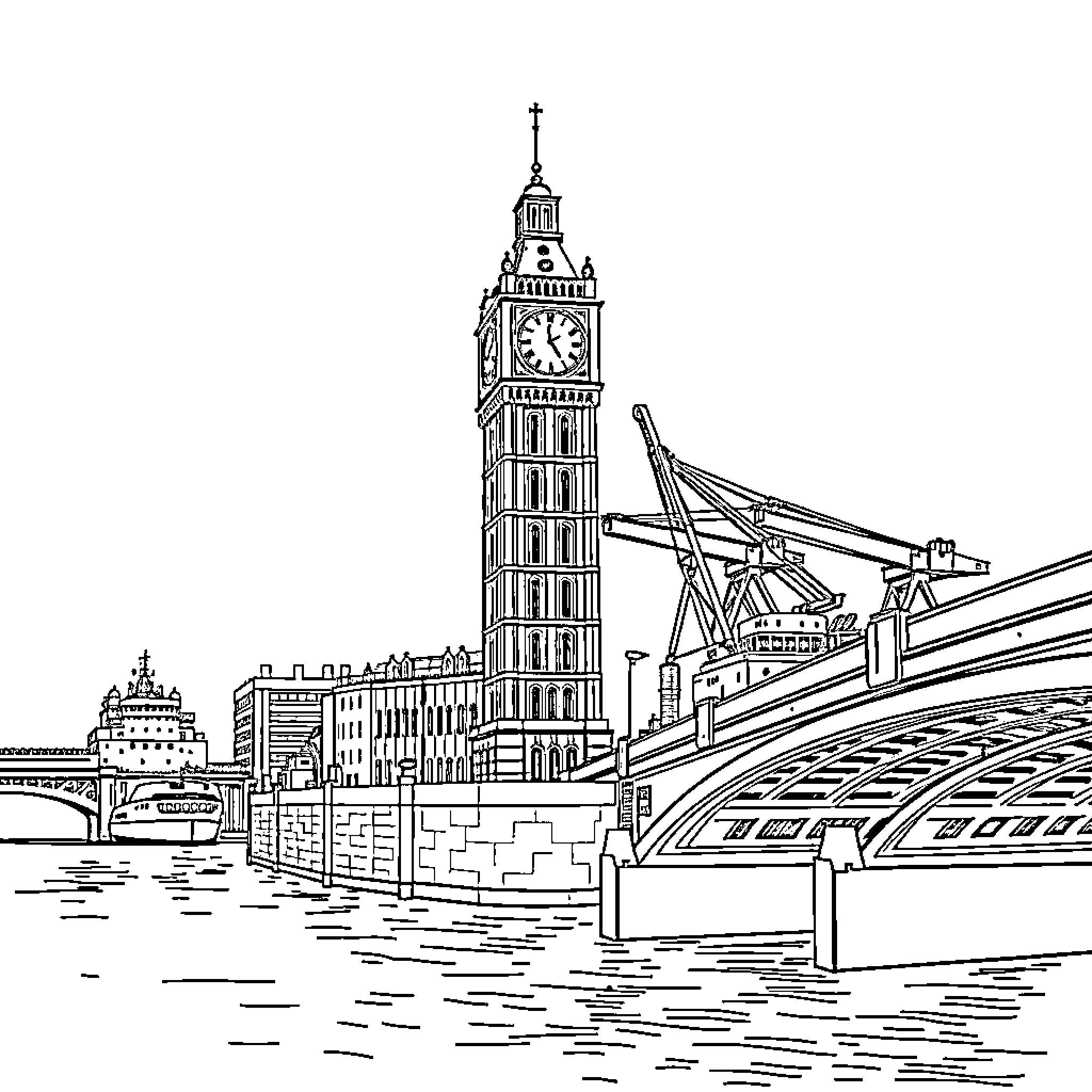 Clock Tower beside the Bridge Coloring Page (free black-and-white line drawing printable PDF for all, from beginners to advanced learners, including children, teens, adults, and seniors)