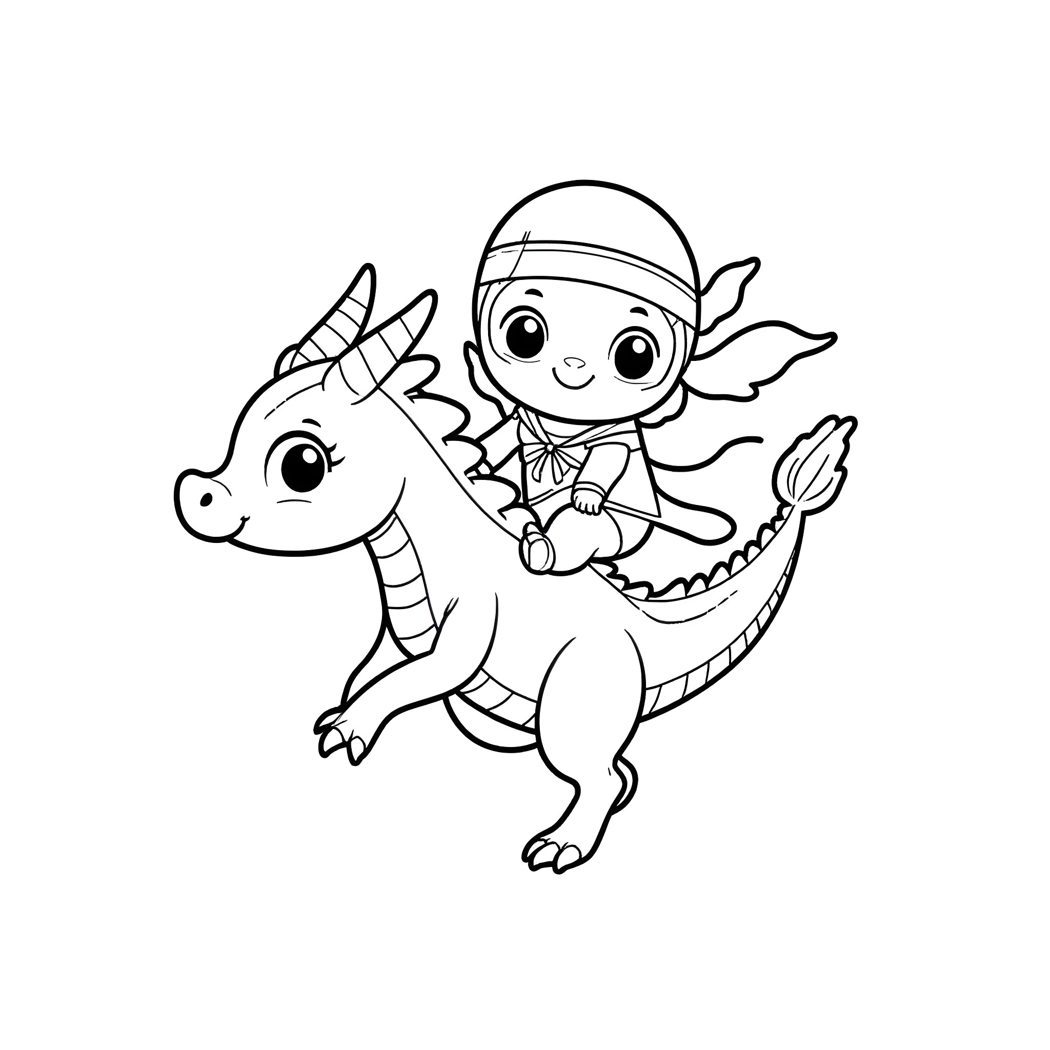 Ninja Riding a Friendly Dragon Coloring Page (free black-and-white line drawing printable PDF for all, from beginners to advanced learners, including children, teens, adults, and seniors)