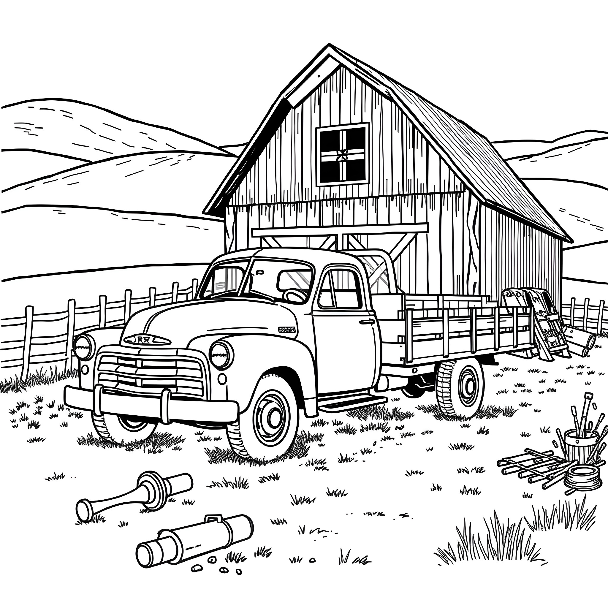 Flatbed truck near rustic barn in countryside Coloring Page (free black-and-white line drawing printable PDF for all, from beginners to advanced learners, including children, teens, adults, and seniors)