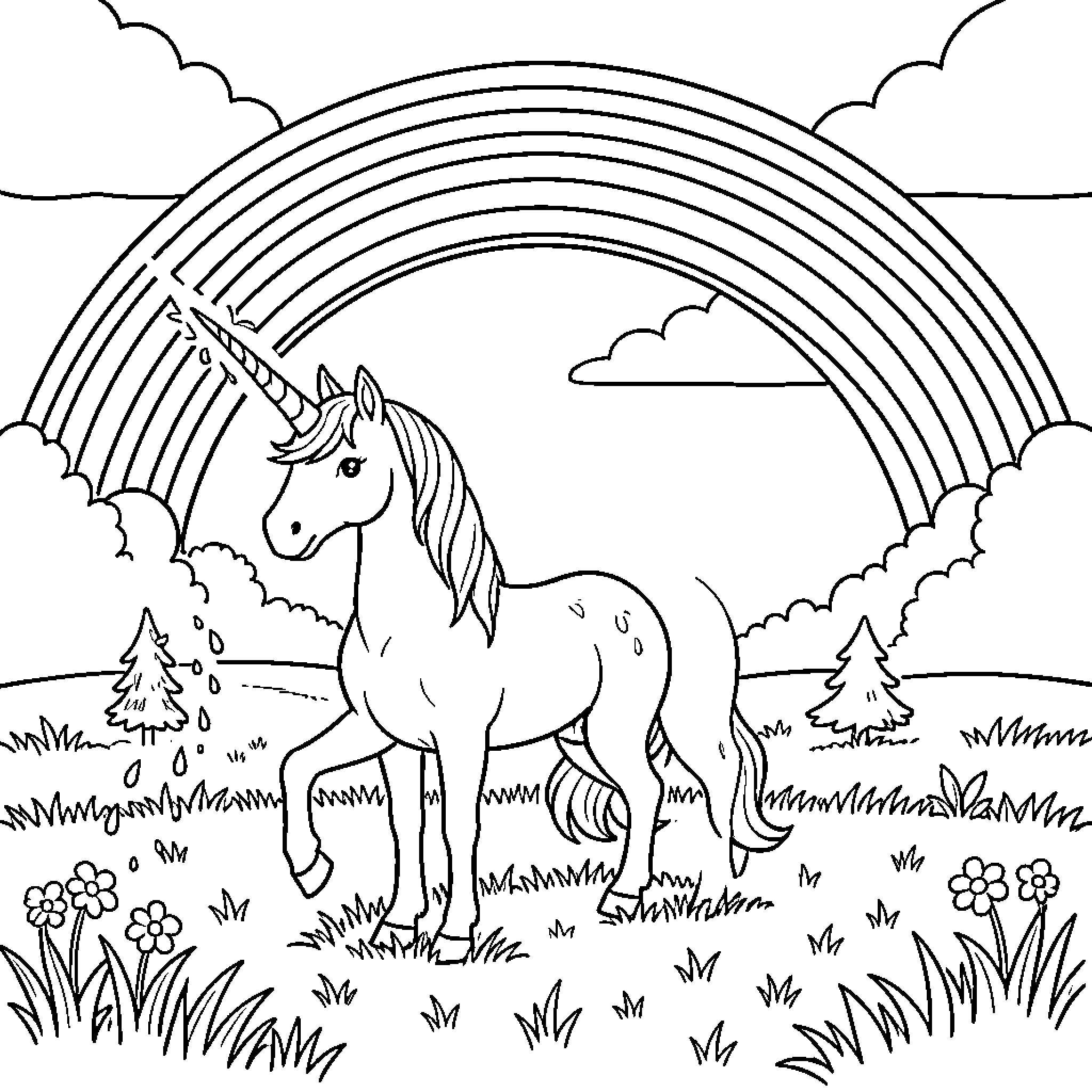Unicorn standing proudly under a large rainbow Coloring Page (free black-and-white line drawing printable PDF for all, from beginners to advanced learners, including children, teens, adults, and seniors)