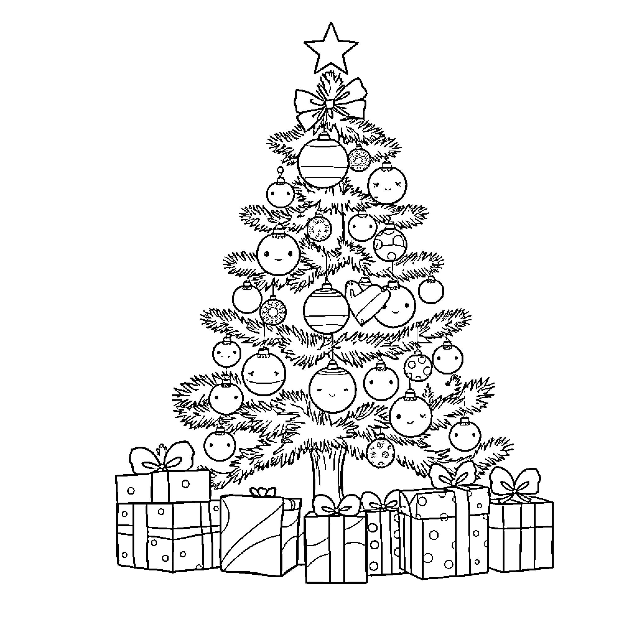 Christmas Tree with Cheerful Ornaments and Gifts Coloring Page (free black-and-white line drawing printable PDF for all, from beginners to advanced learners, including children, teens, adults, and seniors)