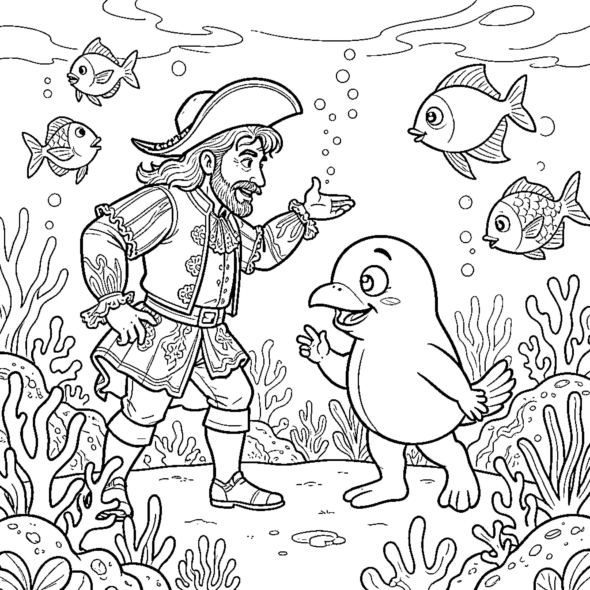 Maja interacting with a sea creature and fish Coloring Page (free black-and-white line drawing printable PDF for all, from beginners to advanced learners, including children, teens, adults, and seniors)