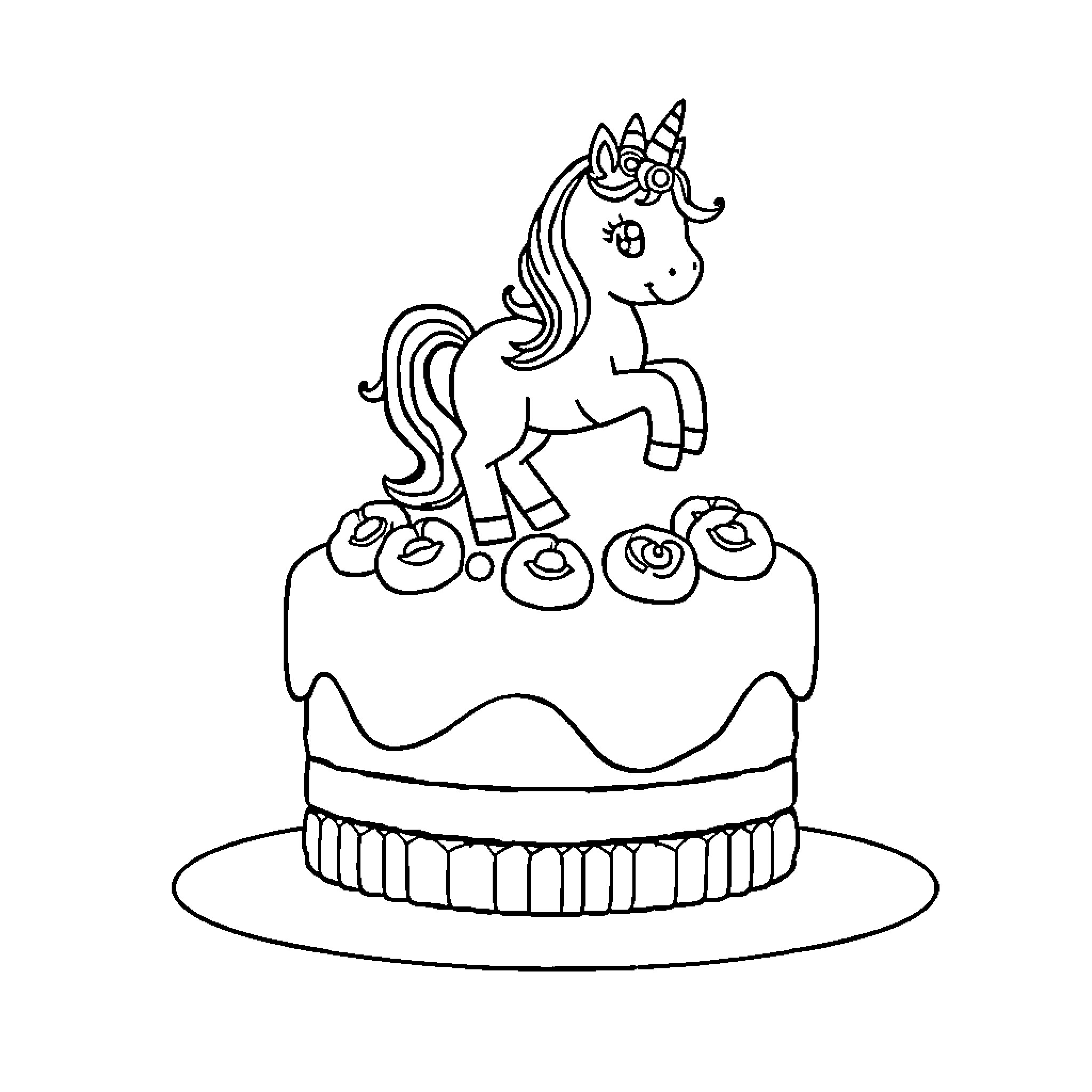 Unicorn standing on a decorative cake Coloring Page (free black-and-white line drawing printable PDF for all, from beginners to advanced learners, including children, teens, adults, and seniors)