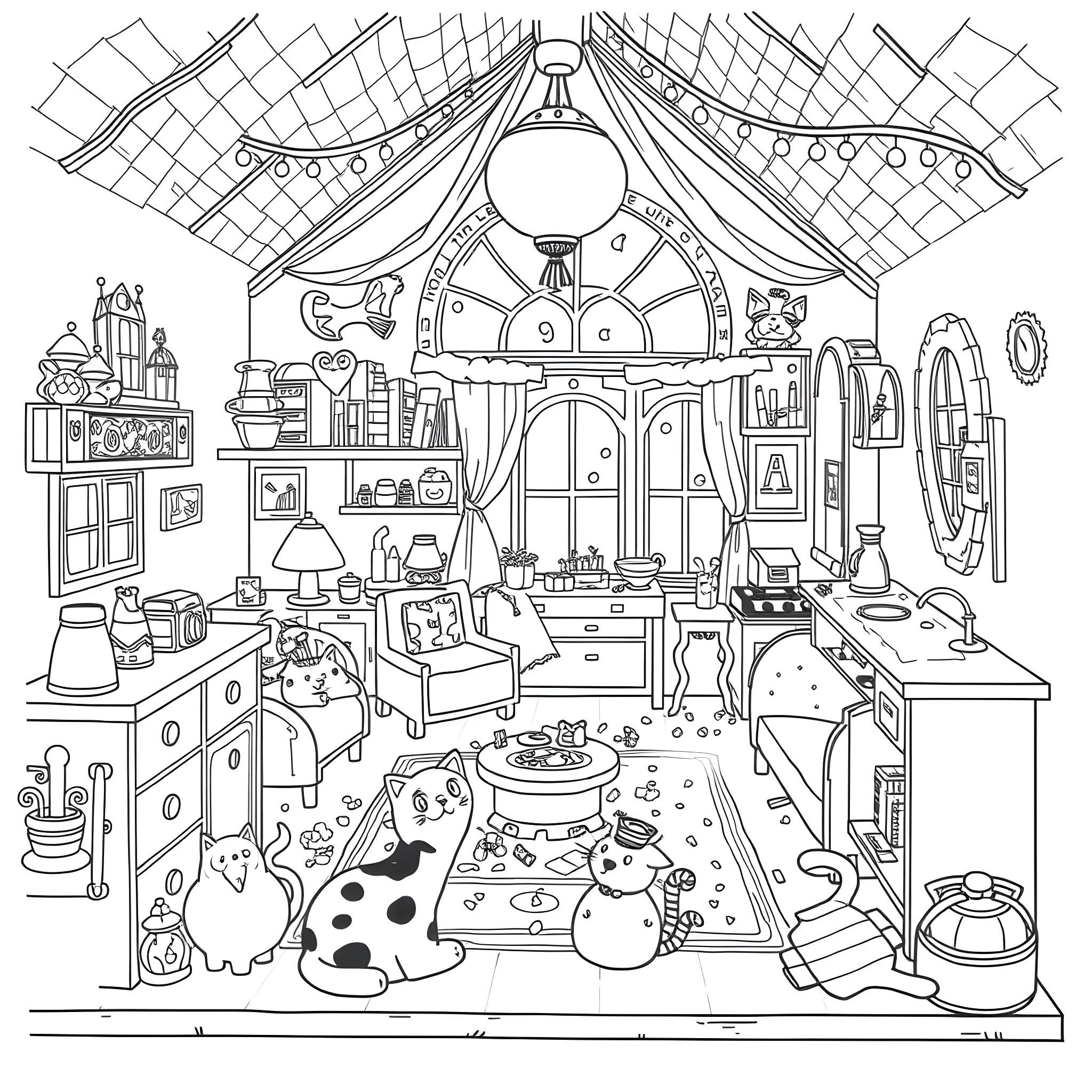 Gabby's Dollhouse: Whimsical Playroom Filled with Toys and Pets Coloring Page (free black-and-white line drawing printable PDF for all, from beginners to advanced learners, including children, teens, adults, and seniors)