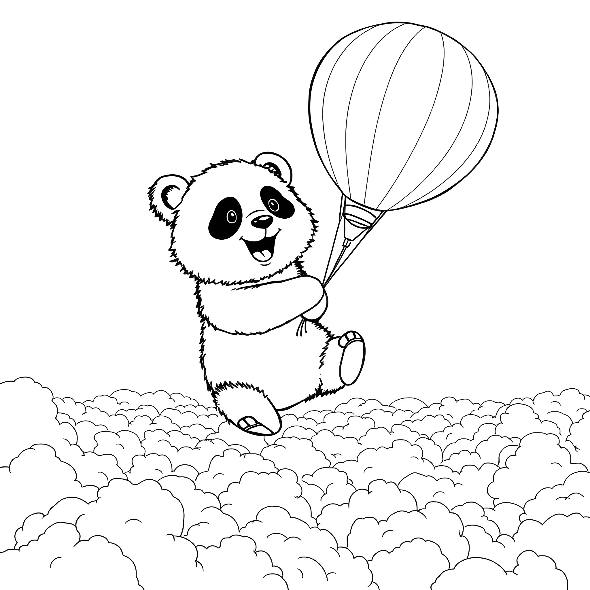 Panda soaring with a hot air balloon Coloring Page (free black-and-white line drawing printable PDF for all, from beginners to advanced learners, including children, teens, adults, and seniors)