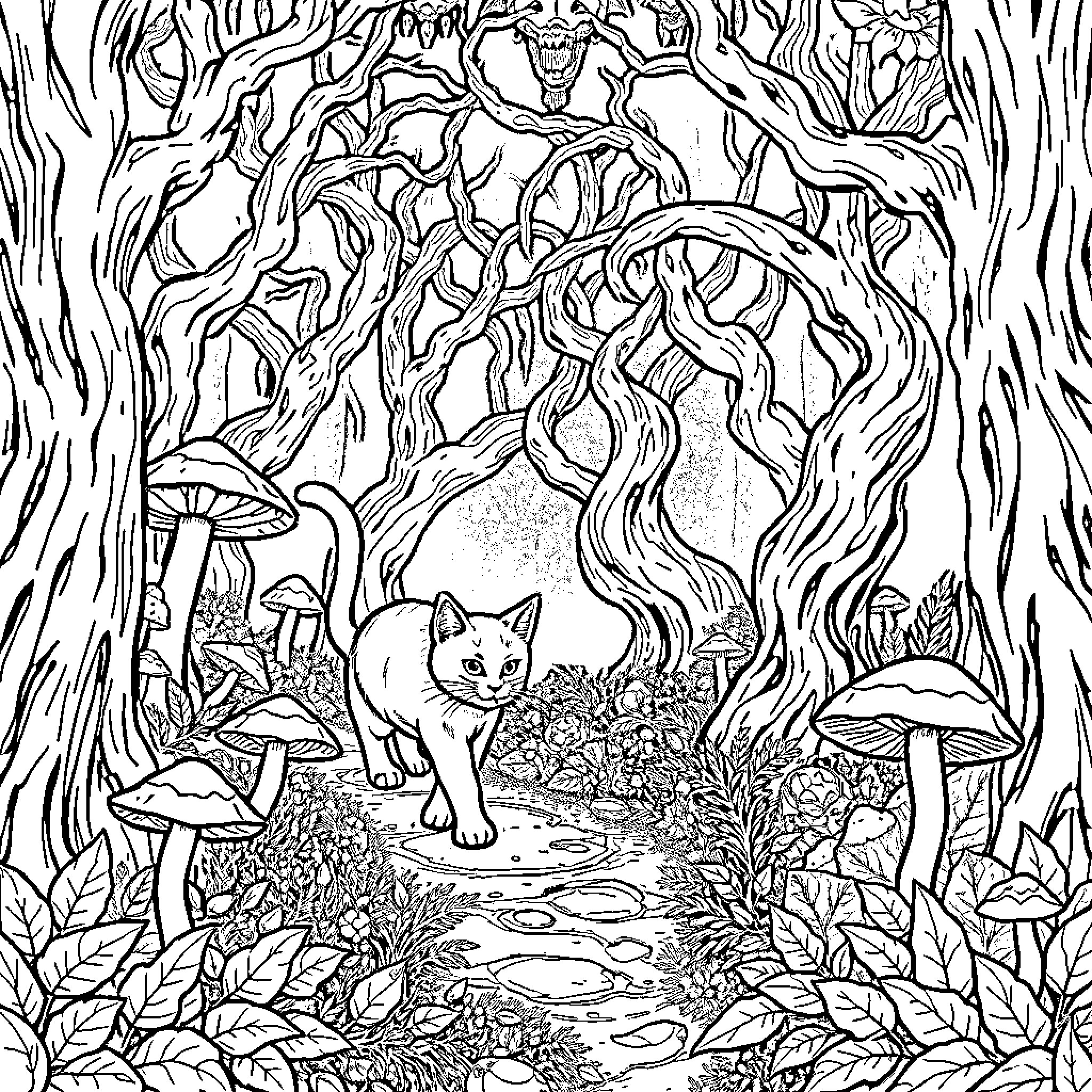 Cat exploring enchanted forest with mushrooms Coloring Page (free black-and-white line drawing printable PDF for all, from beginners to advanced learners, including children, teens, adults, and seniors)