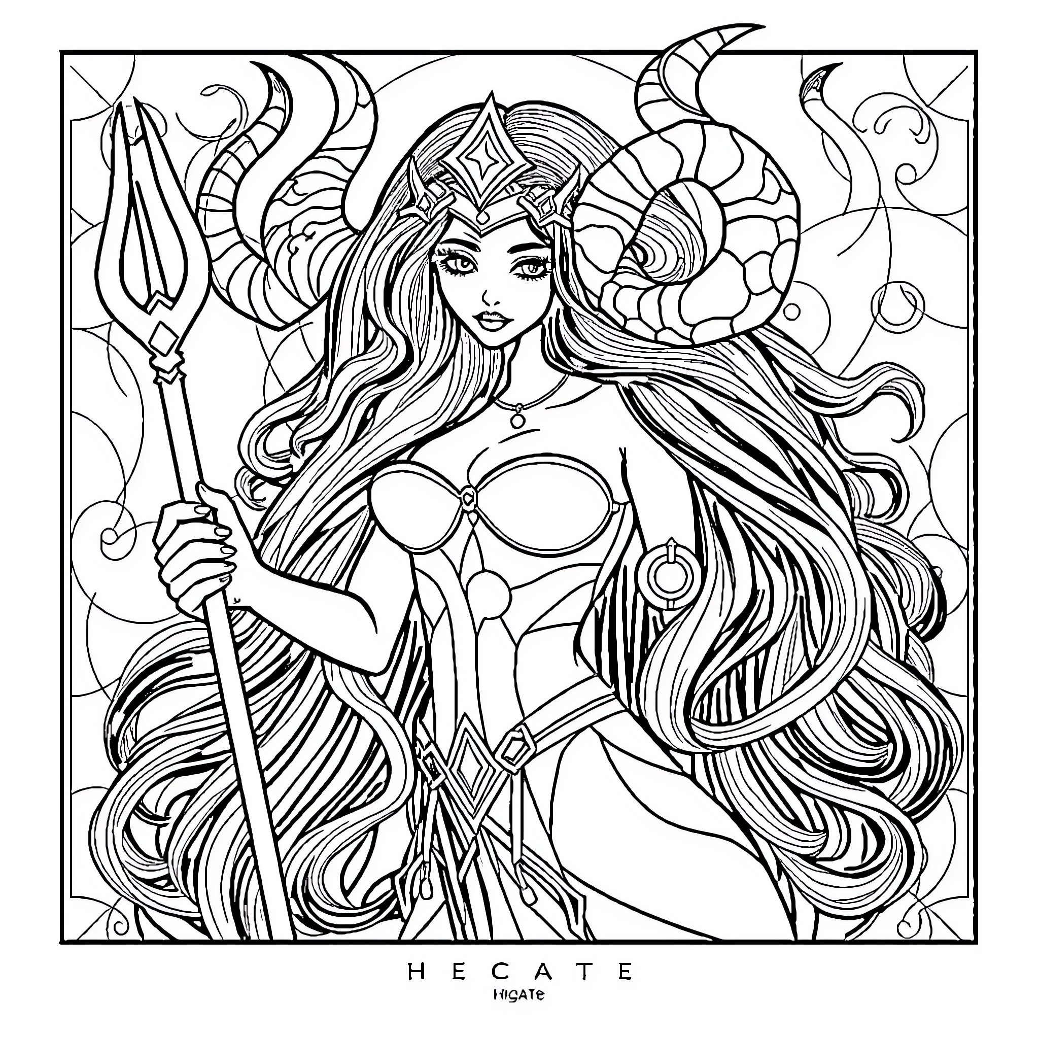 Hecate, the Goddess of Magic and Crossroads Coloring Page (free black-and-white line drawing printable PDF for all, from beginners to advanced learners, including children, teens, adults, and seniors)