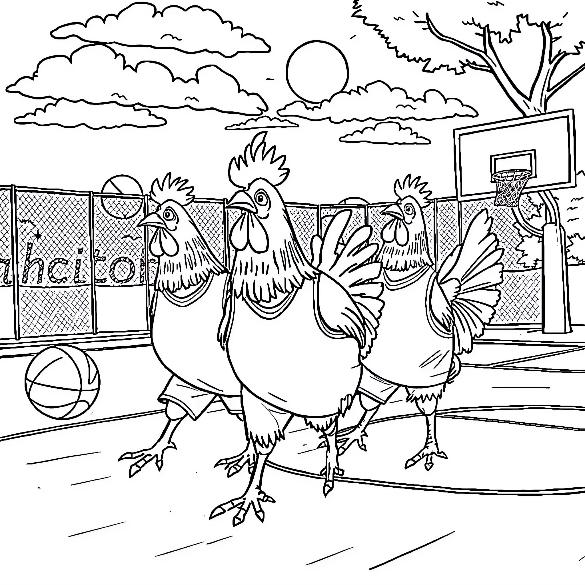 Chicken playing basketball on a court Coloring Page (free black-and-white line drawing printable PDF for all, from beginners to advanced learners, including children, teens, adults, and seniors)