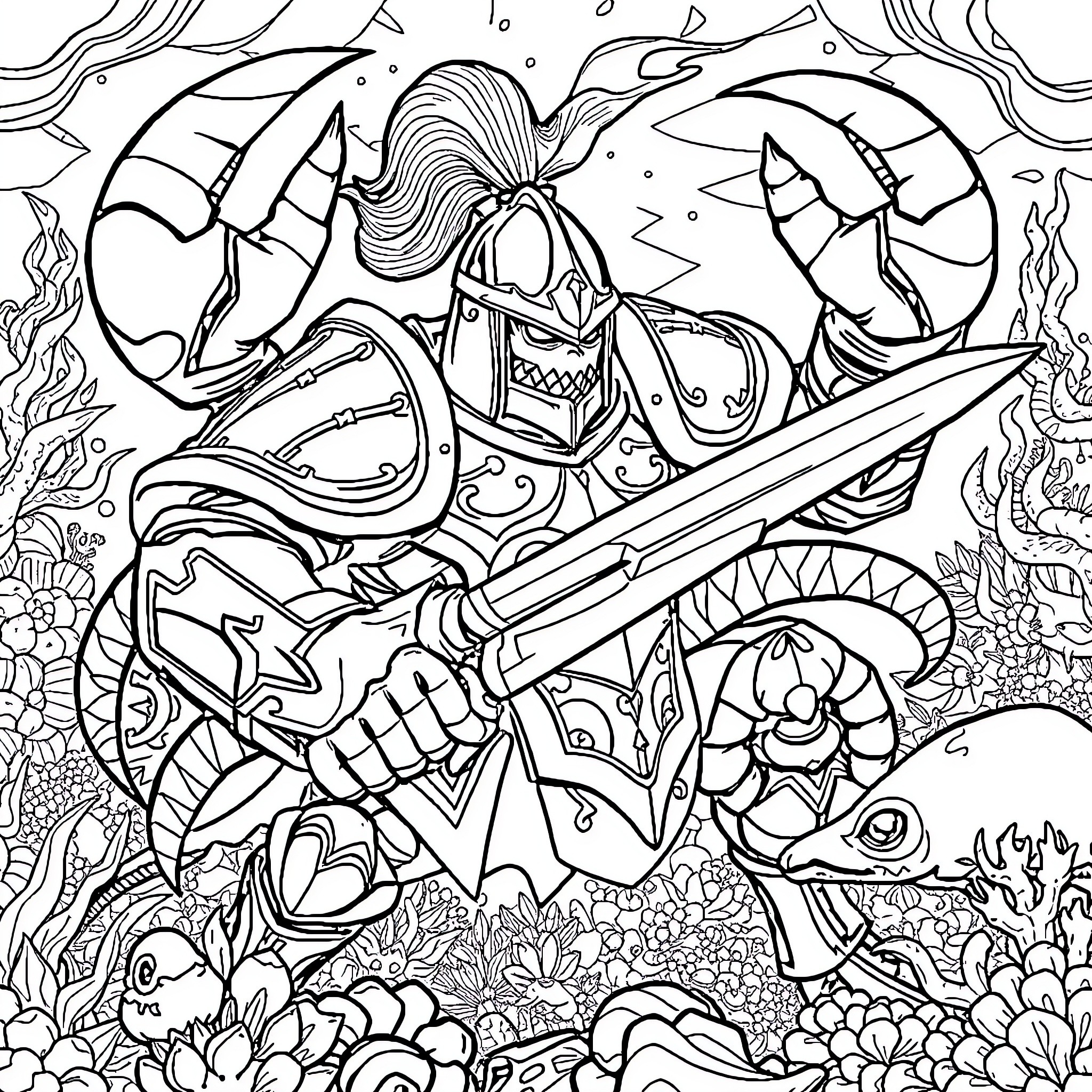 Crab warrior wielding a sword in an underwater scene Coloring Page (free black-and-white line drawing printable PDF for all, from beginners to advanced learners, including children, teens, adults, and seniors)