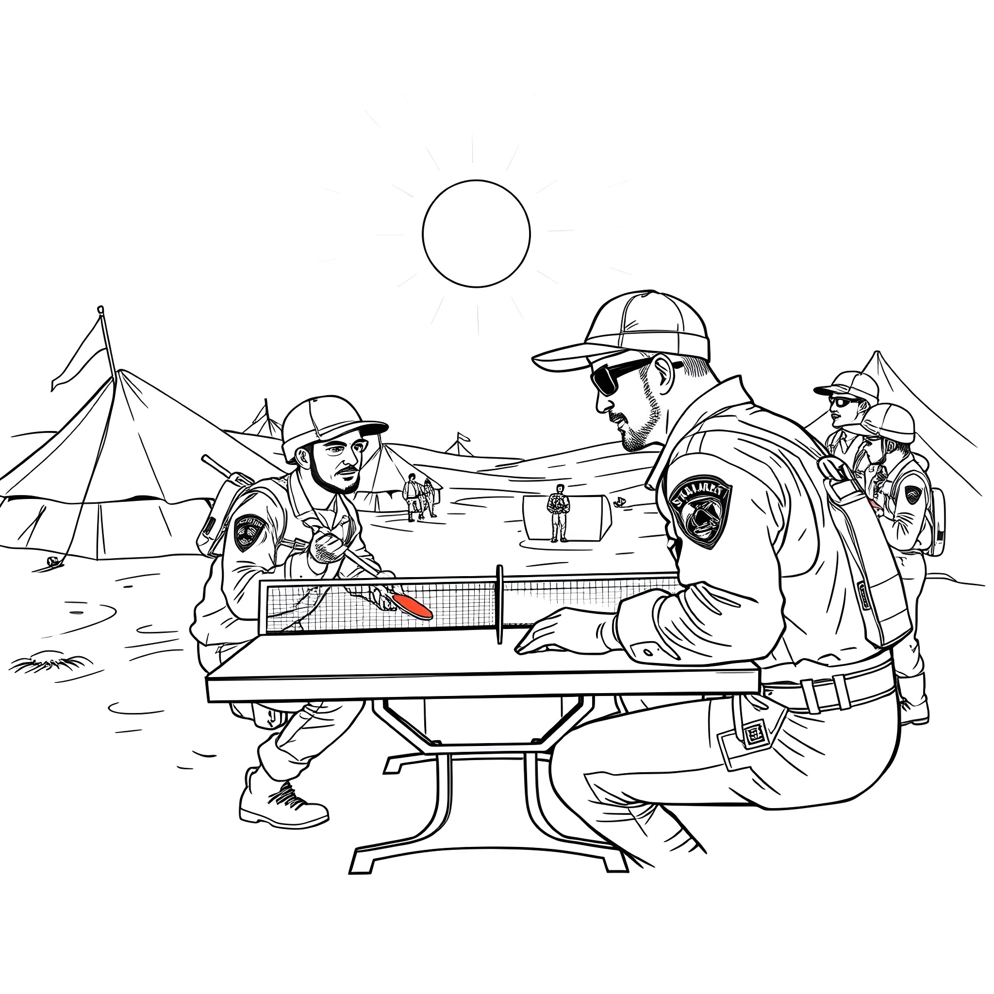 Dale Earnhardt and Crew Working on Car in Campsite Coloring Page (free black-and-white line drawing printable PDF for all, from beginners to advanced learners, including children, teens, adults, and seniors)