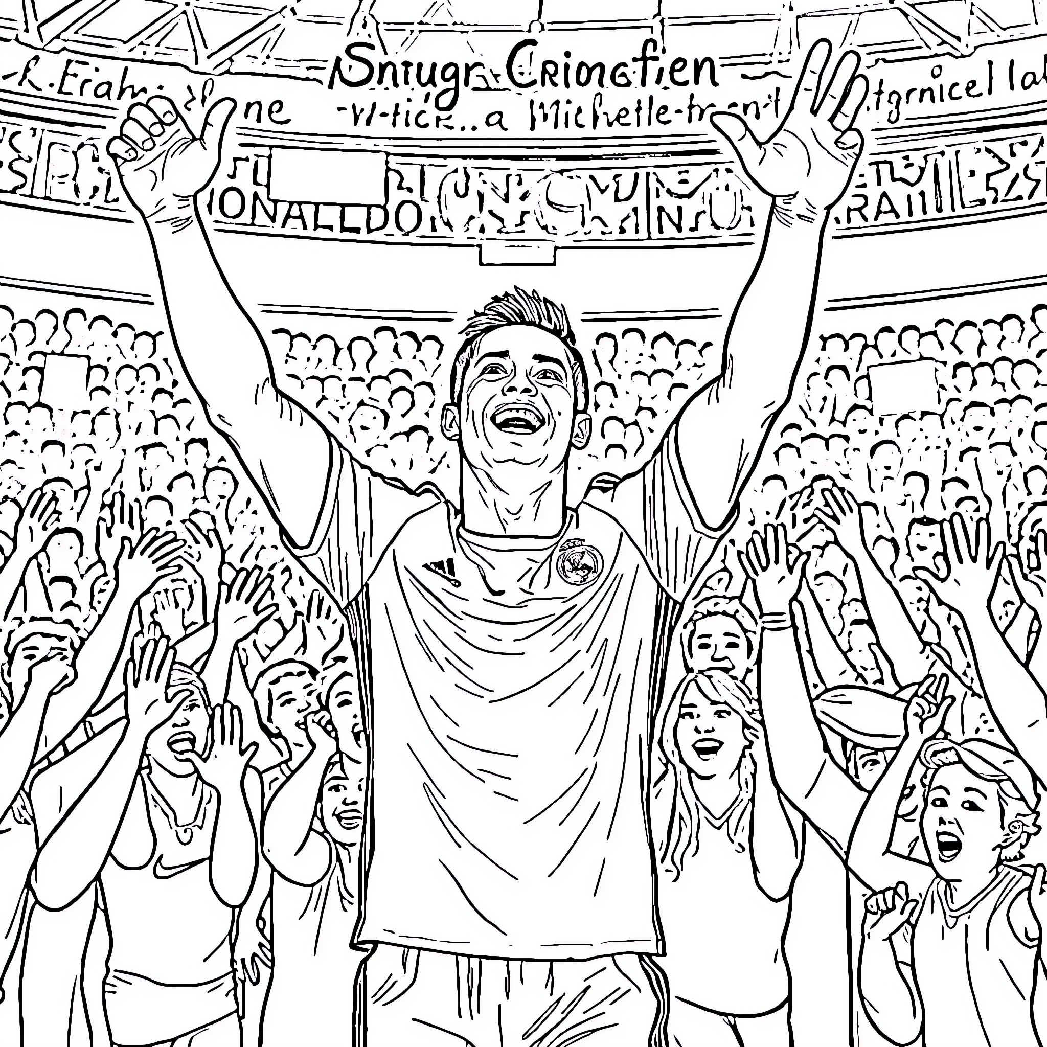Ronaldo celebrates victory with ecstatic fans Coloring Page (free black-and-white line drawing printable PDF for all, from beginners to advanced learners, including children, teens, adults, and seniors)