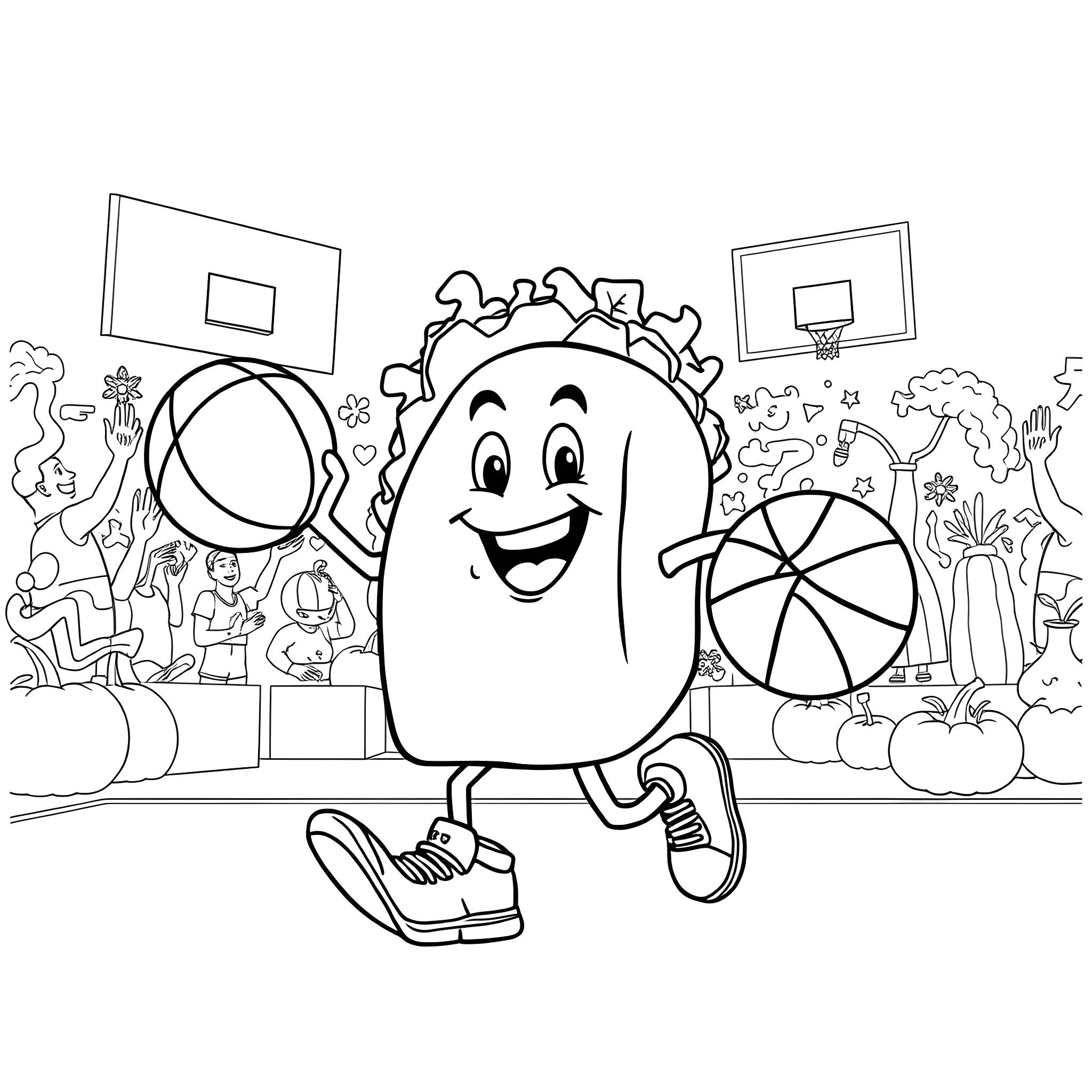 Taco playing basketball happily on the court Coloring Page (free black-and-white line drawing printable PDF for all, from beginners to advanced learners, including children, teens, adults, and seniors)