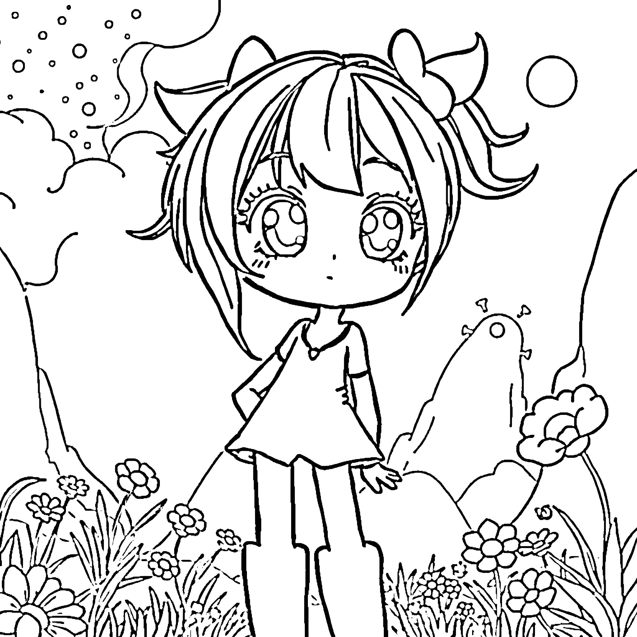Anime Girl in Whimsical Floral Scene Coloring Page (free black-and-white line drawing printable PDF for all, from beginners to advanced learners, including children, teens, adults, and seniors)