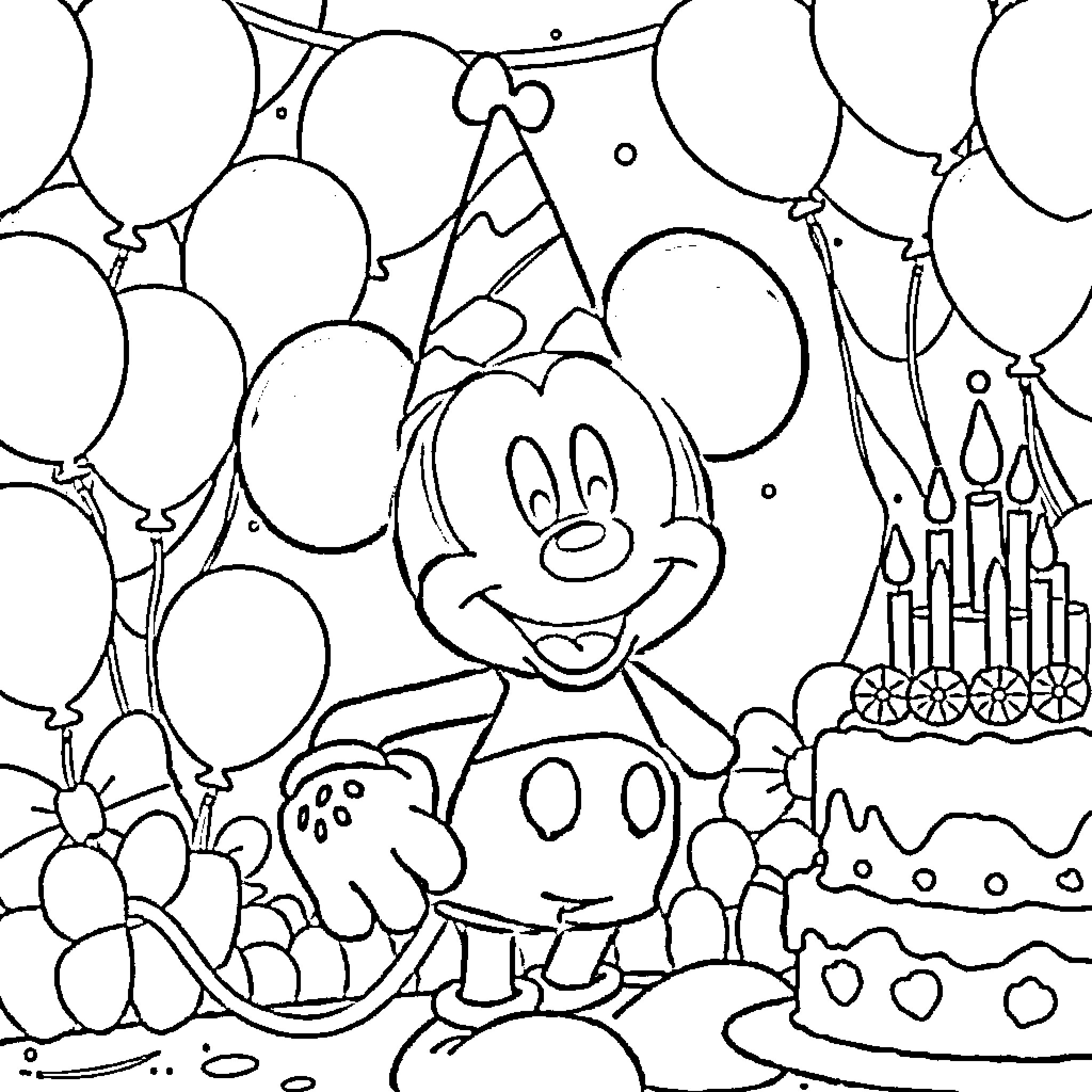 Mickey Mouse's Birthday Party with Balloons Coloring Page (free black-and-white line drawing printable PDF for all, from beginners to advanced learners, including children, teens, adults, and seniors)