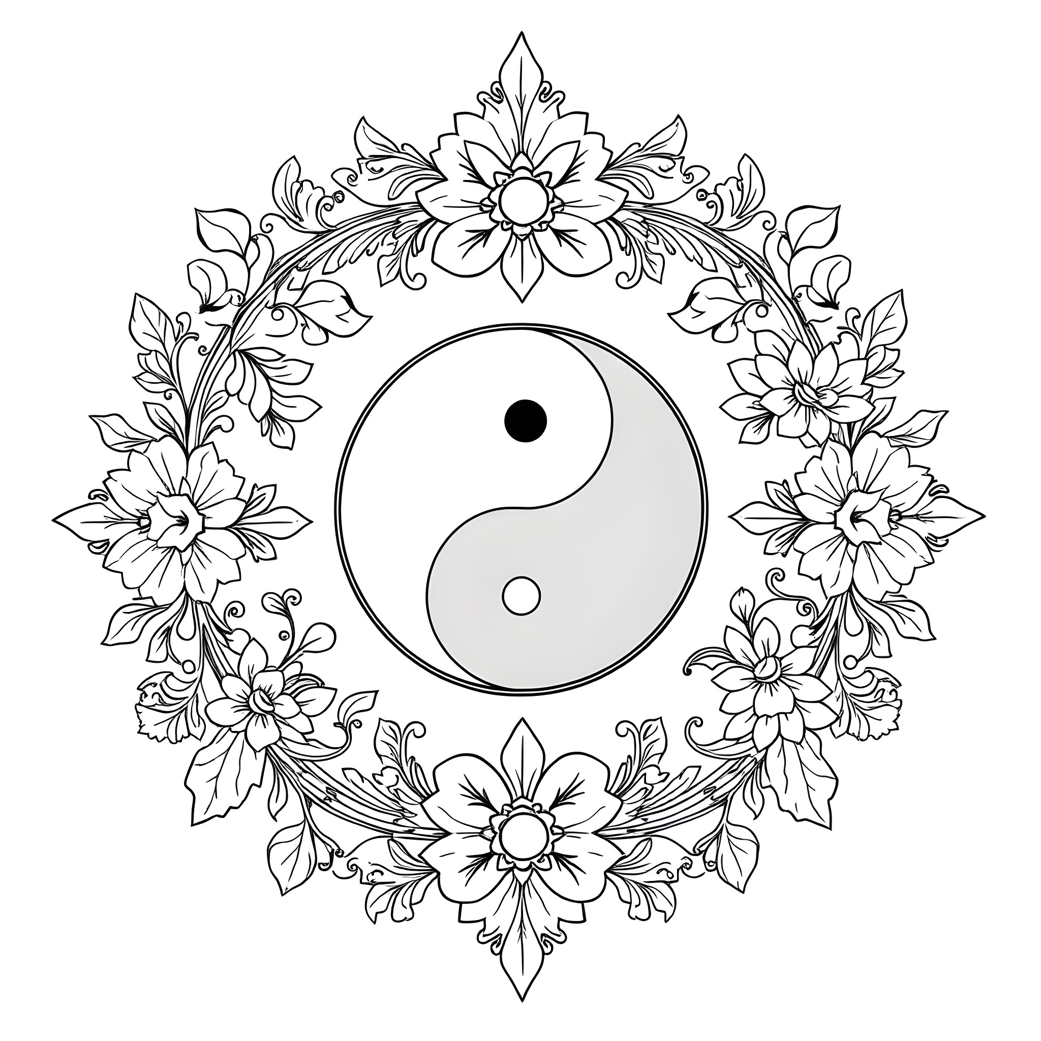 Yin Yang with Ornate Floral Wreath Coloring Page (free black-and-white line drawing printable PDF for all, from beginners to advanced learners, including children, teens, adults, and seniors)