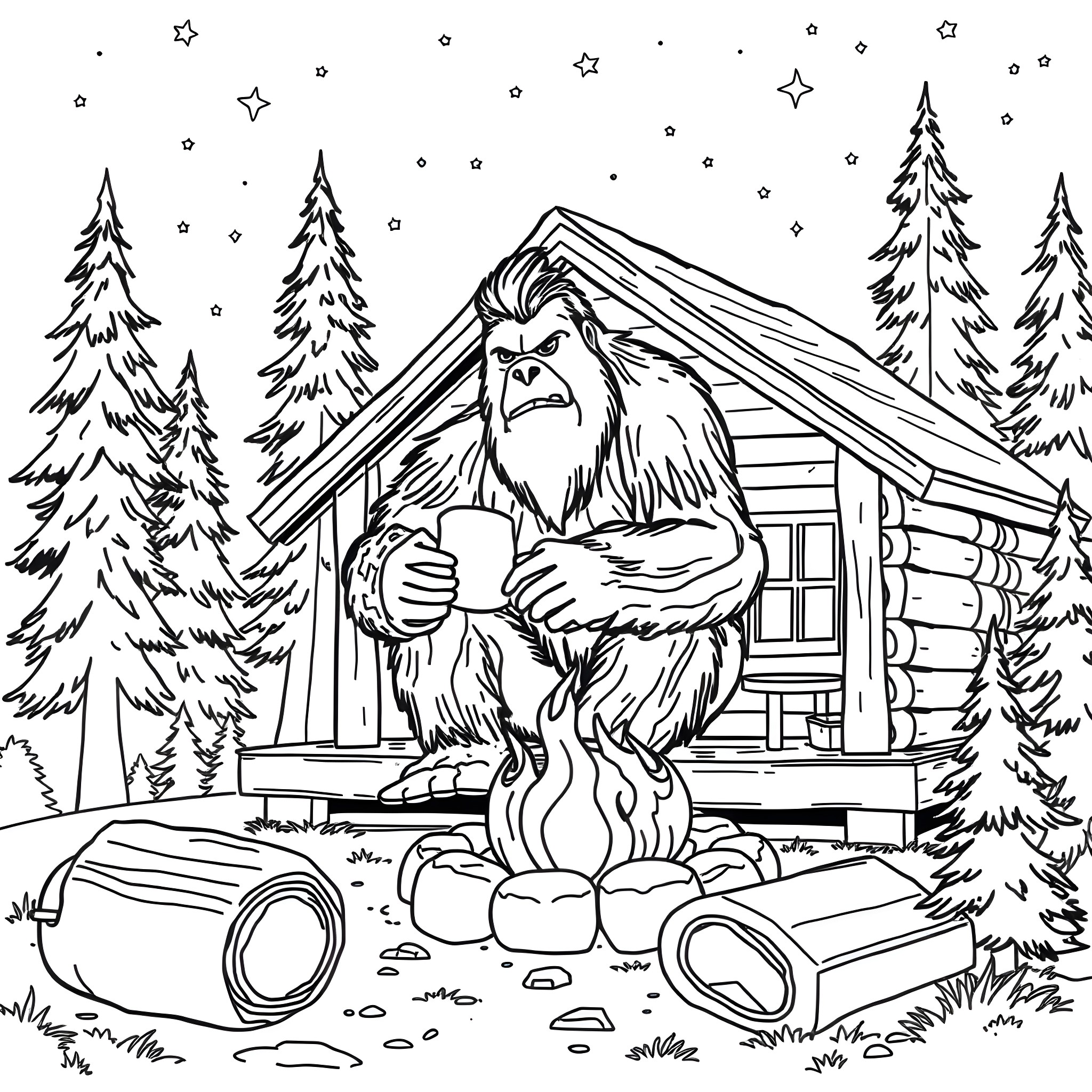 Bigfoot sitting by the campfire in a snowy forest Coloring Page (free black-and-white line drawing printable PDF for all, from beginners to advanced learners, including children, teens, adults, and seniors)
