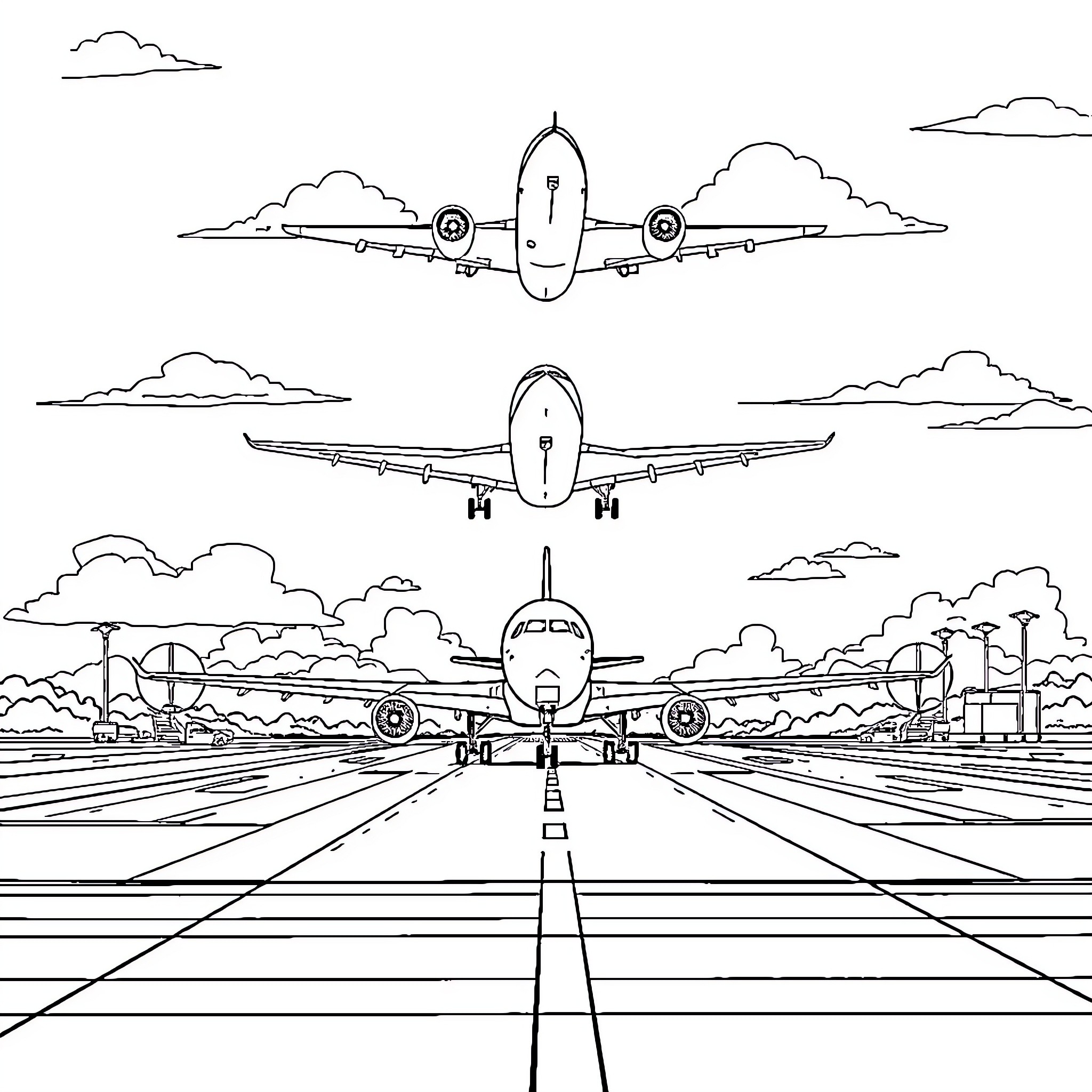Airplane taking off and landing on runway Coloring Page (free black-and-white line drawing printable PDF for all, from beginners to advanced learners, including children, teens, adults, and seniors)