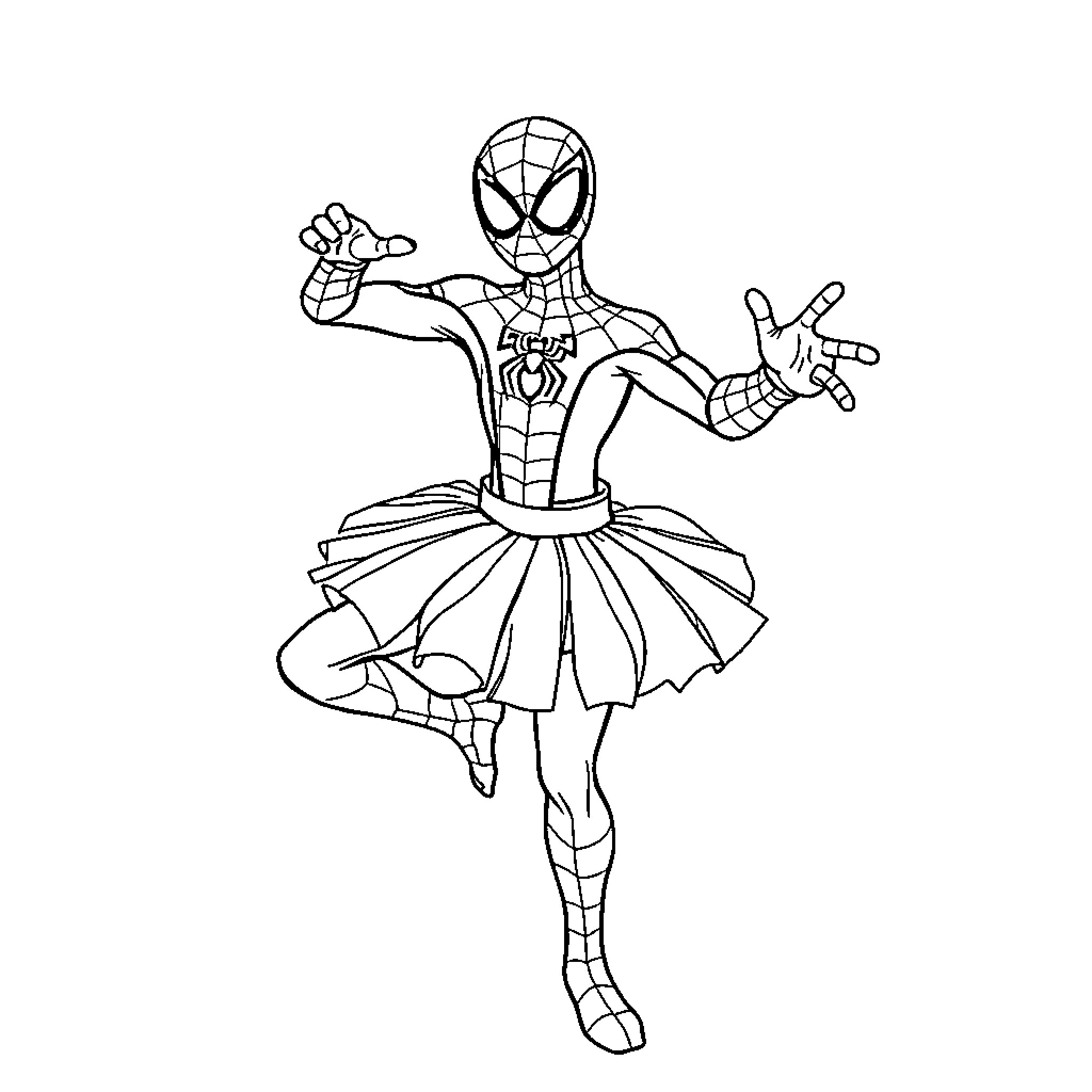 Spiderman performing ballet in costume Coloring Page (free black-and-white line drawing printable PDF for all, from beginners to advanced learners, including children, teens, adults, and seniors)