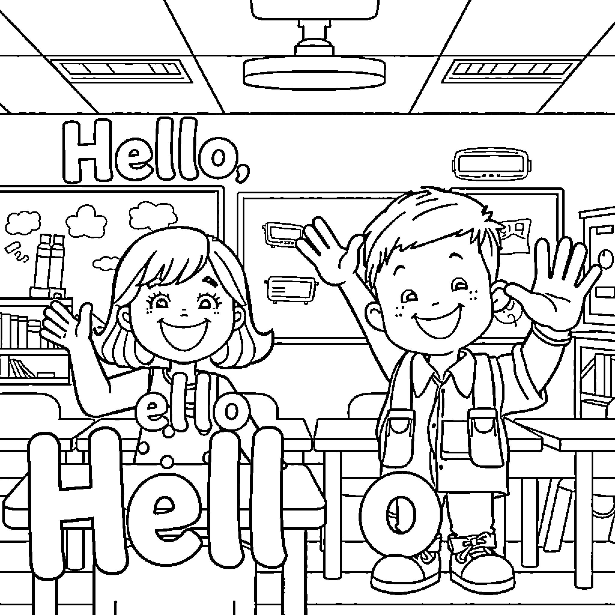 Girl and Boy Saying Hello in Classroom Coloring Page (free black-and-white line drawing printable PDF for all, from beginners to advanced learners, including children, teens, adults, and seniors)