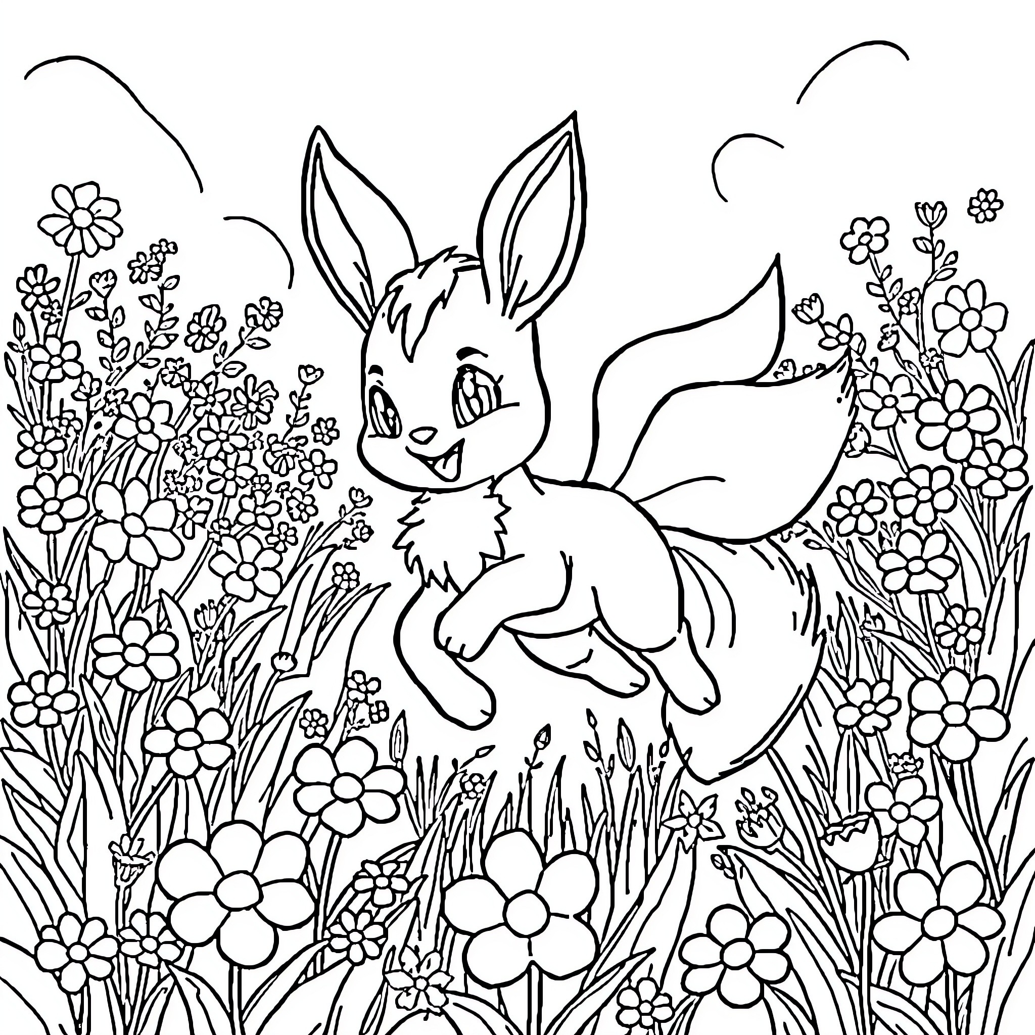 Sylveon playing joyfully in a floral field Coloring Page (free black-and-white line drawing printable PDF for all, from beginners to advanced learners, including children, teens, adults, and seniors)