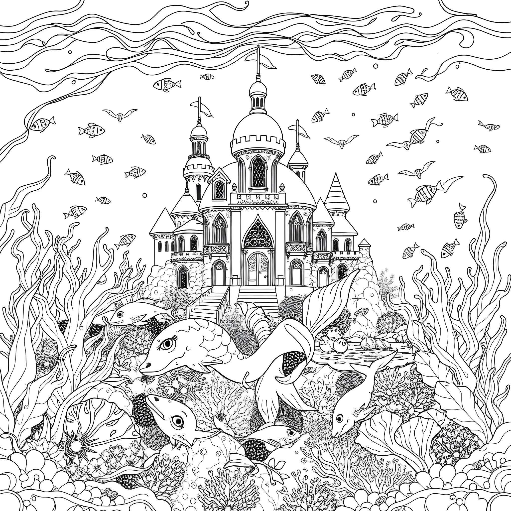 Mermaid's Undersea Castle and Aquatic Life Coloring Page (free black-and-white line drawing printable PDF for all, from beginners to advanced learners, including children, teens, adults, and seniors)