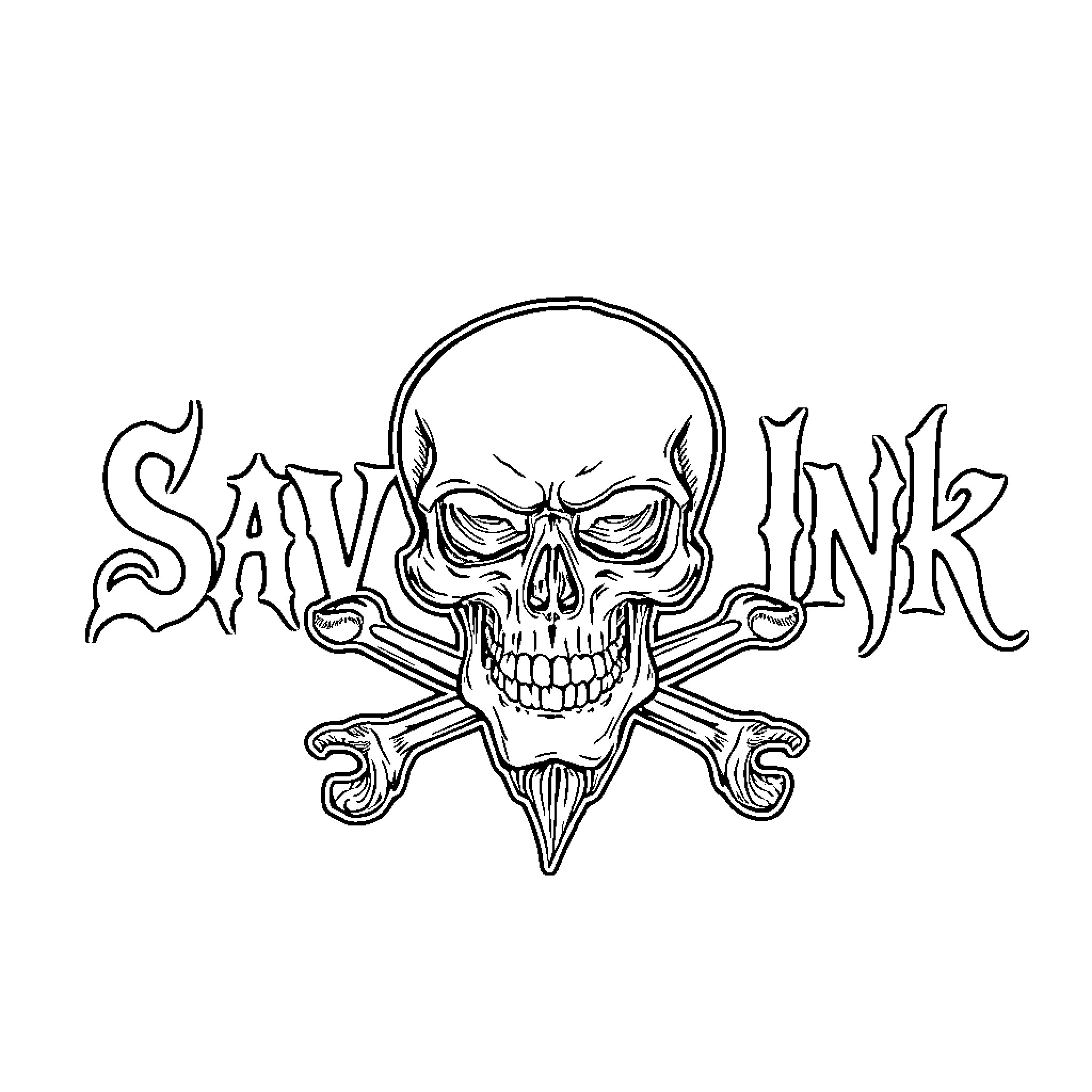 Skull with Crossed Wrenches in Tattoo Style Coloring Page (free black-and-white line drawing printable PDF for all, from beginners to advanced learners, including children, teens, adults, and seniors)