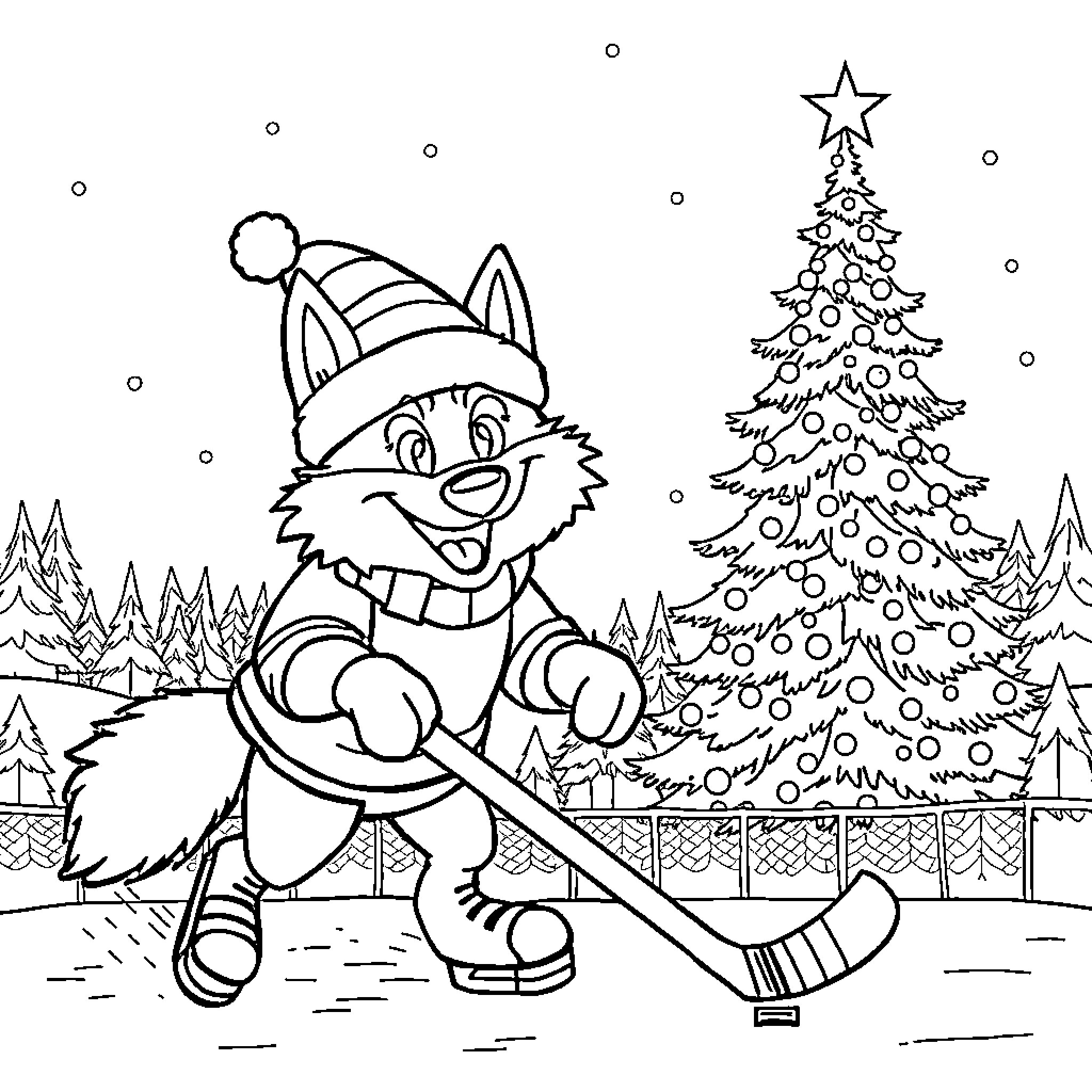Wolf playing ice hockey by festive Christmas tree Coloring Page (free black-and-white line drawing printable PDF for all, from beginners to advanced learners, including children, teens, adults, and seniors)