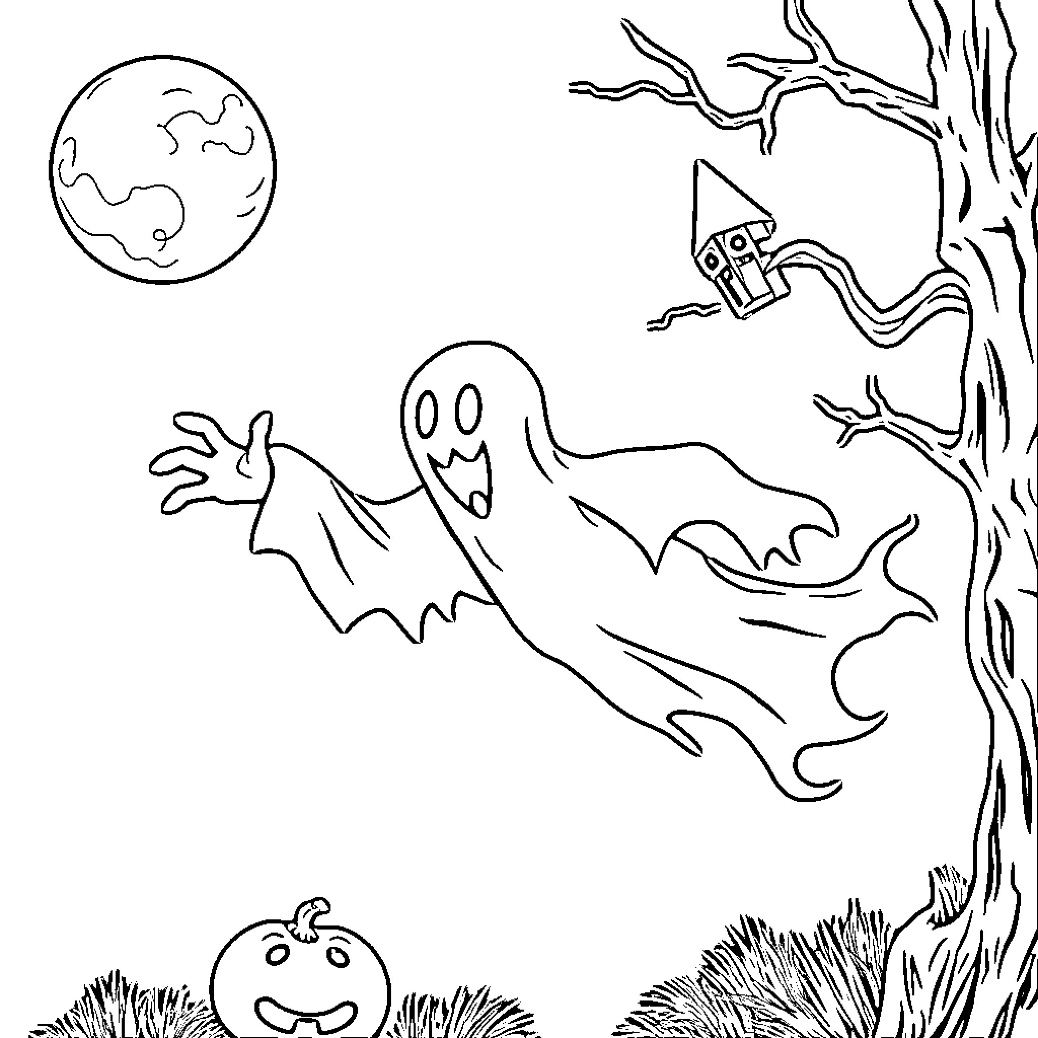 Ghost Haunting Spooky Night Landscape Coloring Page (free black-and-white line drawing printable PDF for all, from beginners to advanced learners, including children, teens, adults, and seniors)