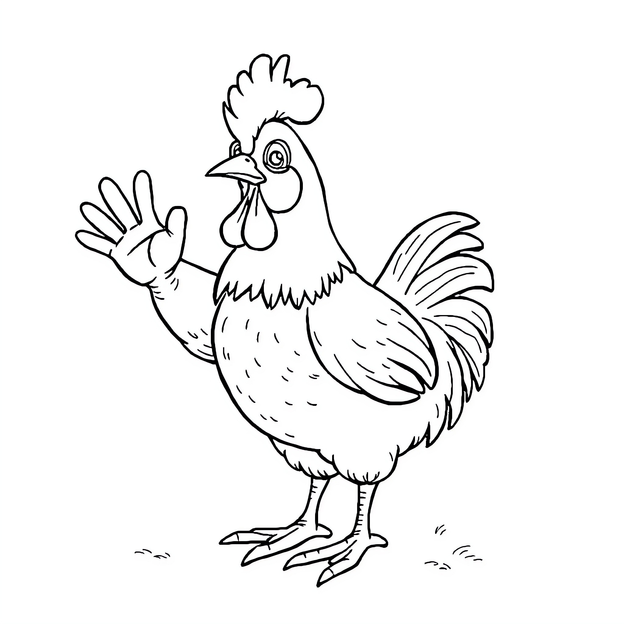 Chicken posing confidently on the ground Coloring Page (free black-and-white line drawing printable PDF for all, from beginners to advanced learners, including children, teens, adults, and seniors)