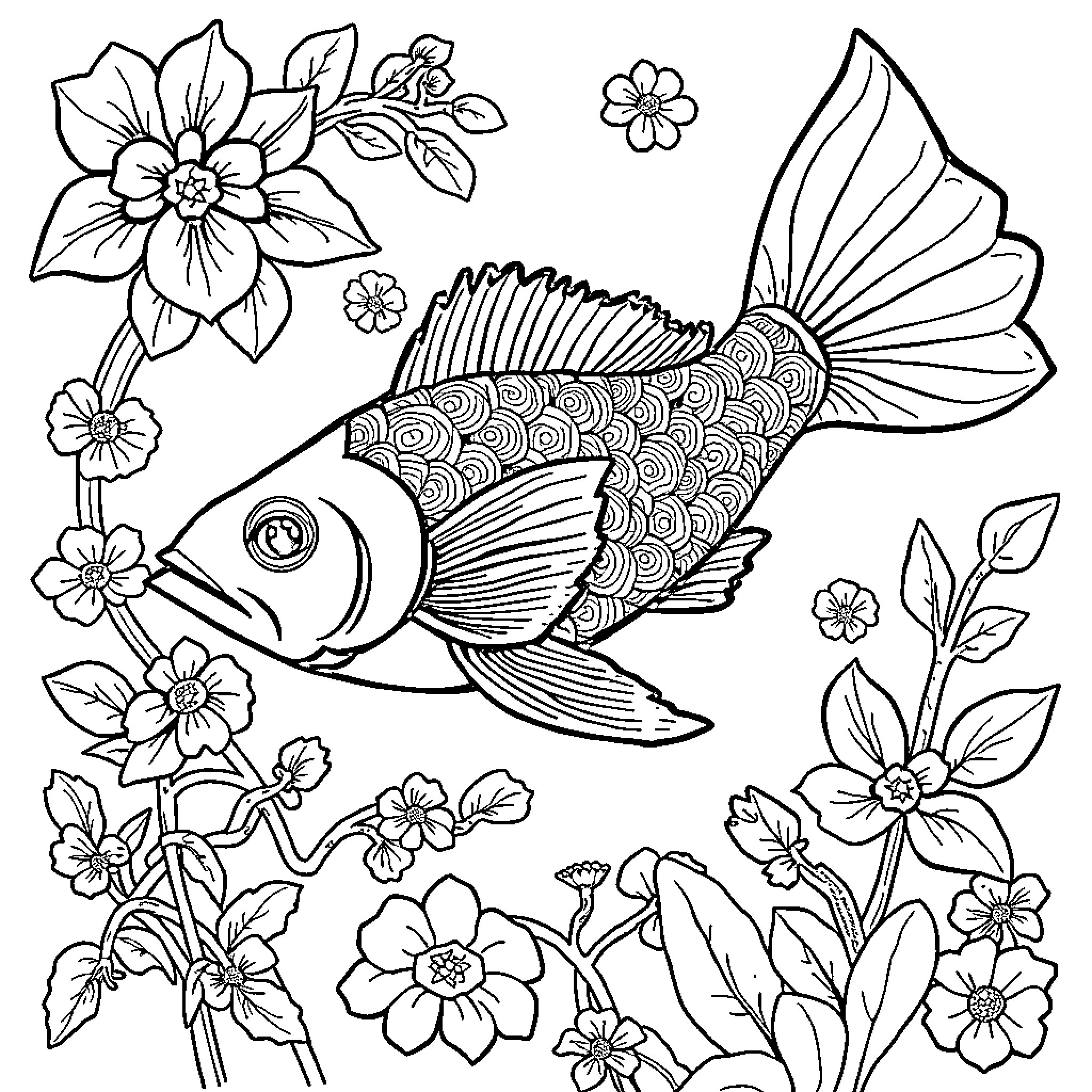 Christmas Tree with Ornamental Floral Design Coloring Page (free black-and-white line drawing printable PDF for all, from beginners to advanced learners, including children, teens, adults, and seniors)