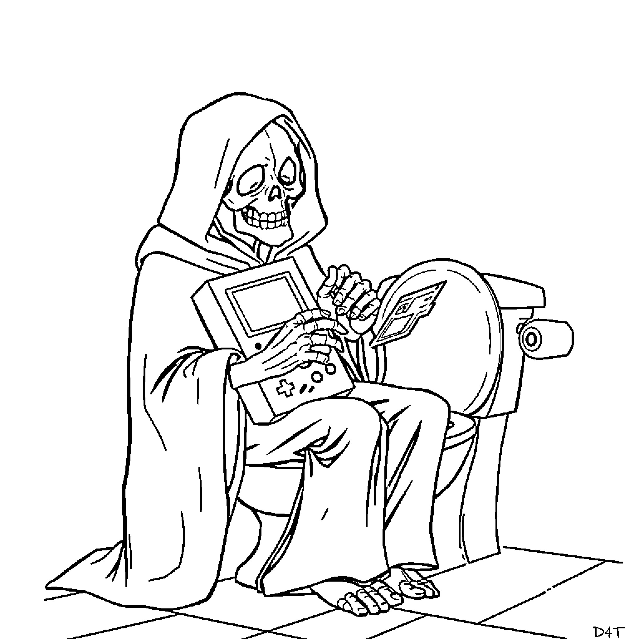 Grim Reaper playing video games on throne Coloring Page (free black-and-white line drawing printable PDF for all, from beginners to advanced learners, including children, teens, adults, and seniors)
