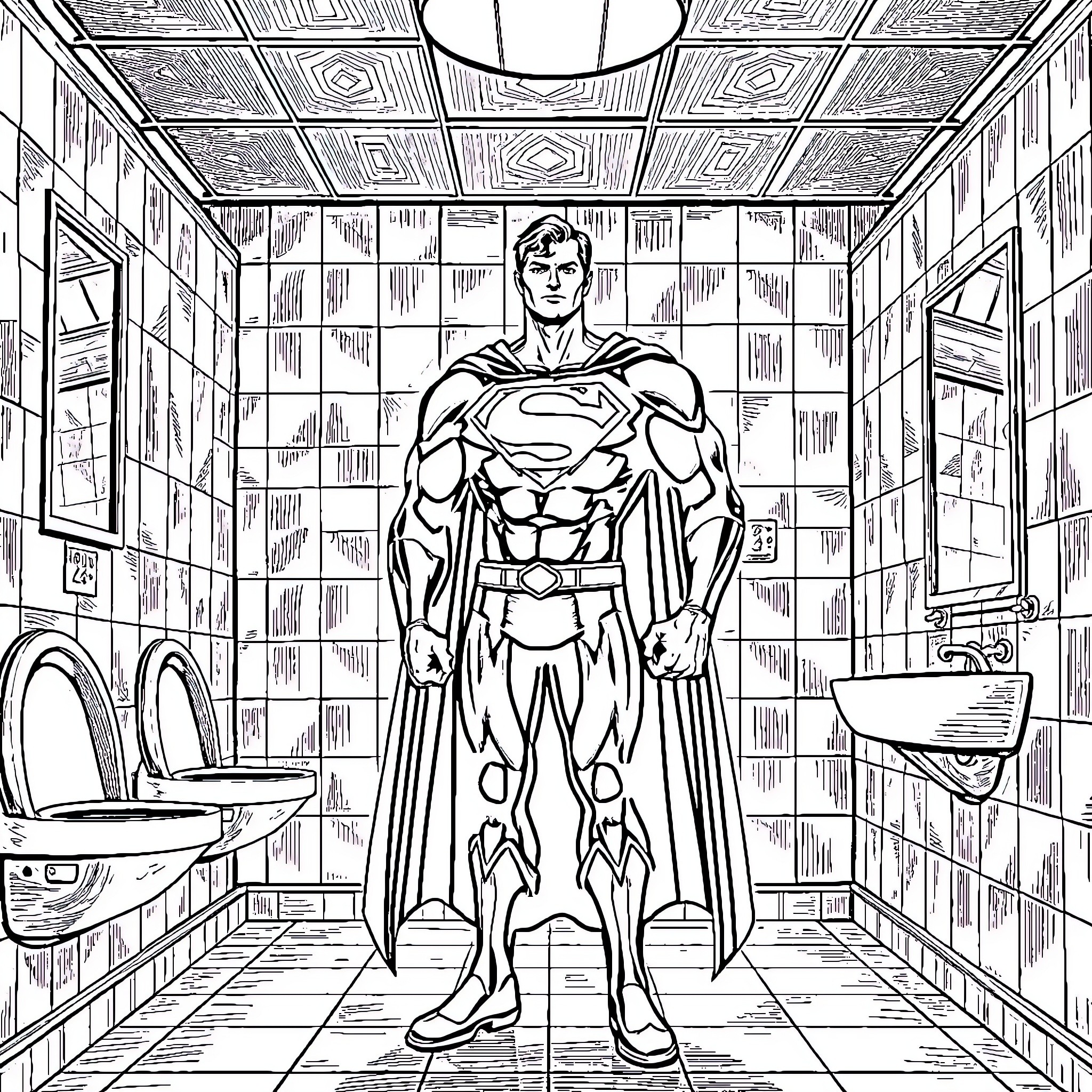 Superman saving the day in a public bathroom Coloring Page (free black-and-white line drawing printable PDF for all, from beginners to advanced learners, including children, teens, adults, and seniors)