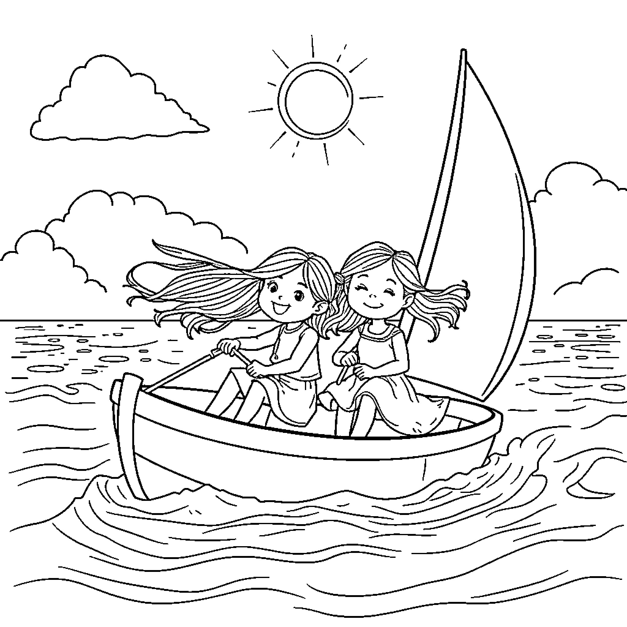 Girls enjoying a boat ride on the lake Coloring Page (free black-and-white line drawing printable PDF for all, from beginners to advanced learners, including children, teens, adults, and seniors)