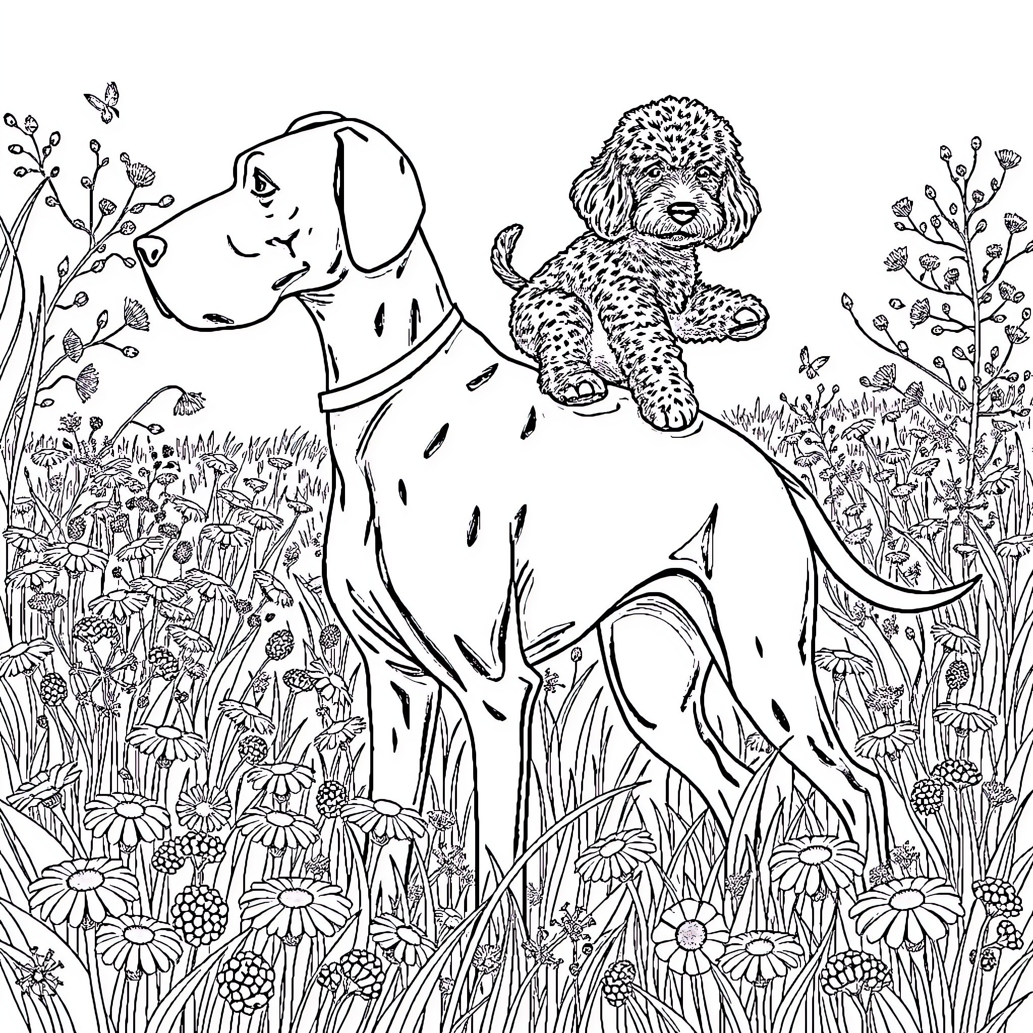 Poodle playing amidst whimsical floral landscape Coloring Page (free black-and-white line drawing printable PDF for all, from beginners to advanced learners, including children, teens, adults, and seniors)
