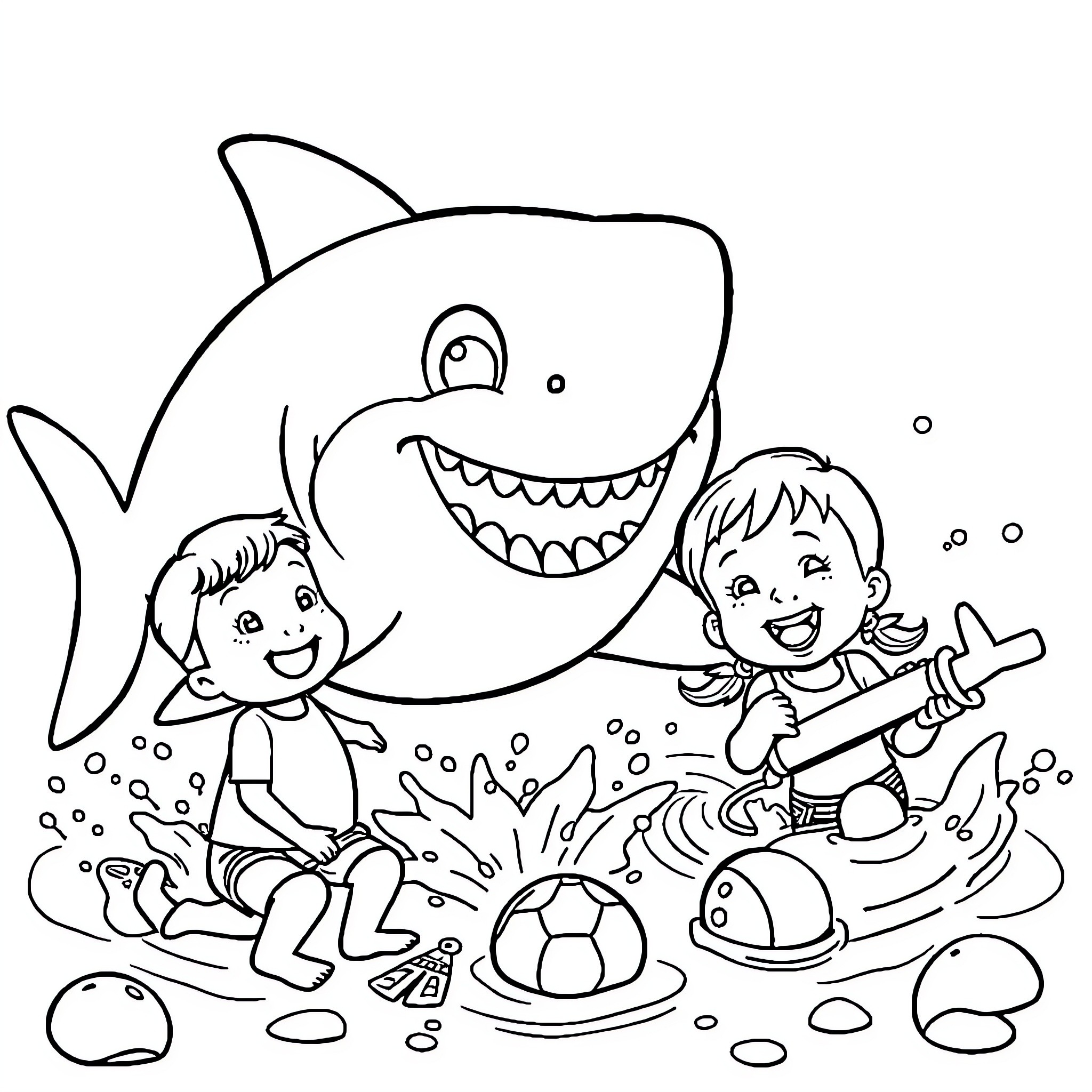 Baby Shark playing with children on beach Coloring Page (free black-and-white line drawing printable PDF for all, from beginners to advanced learners, including children, teens, adults, and seniors)